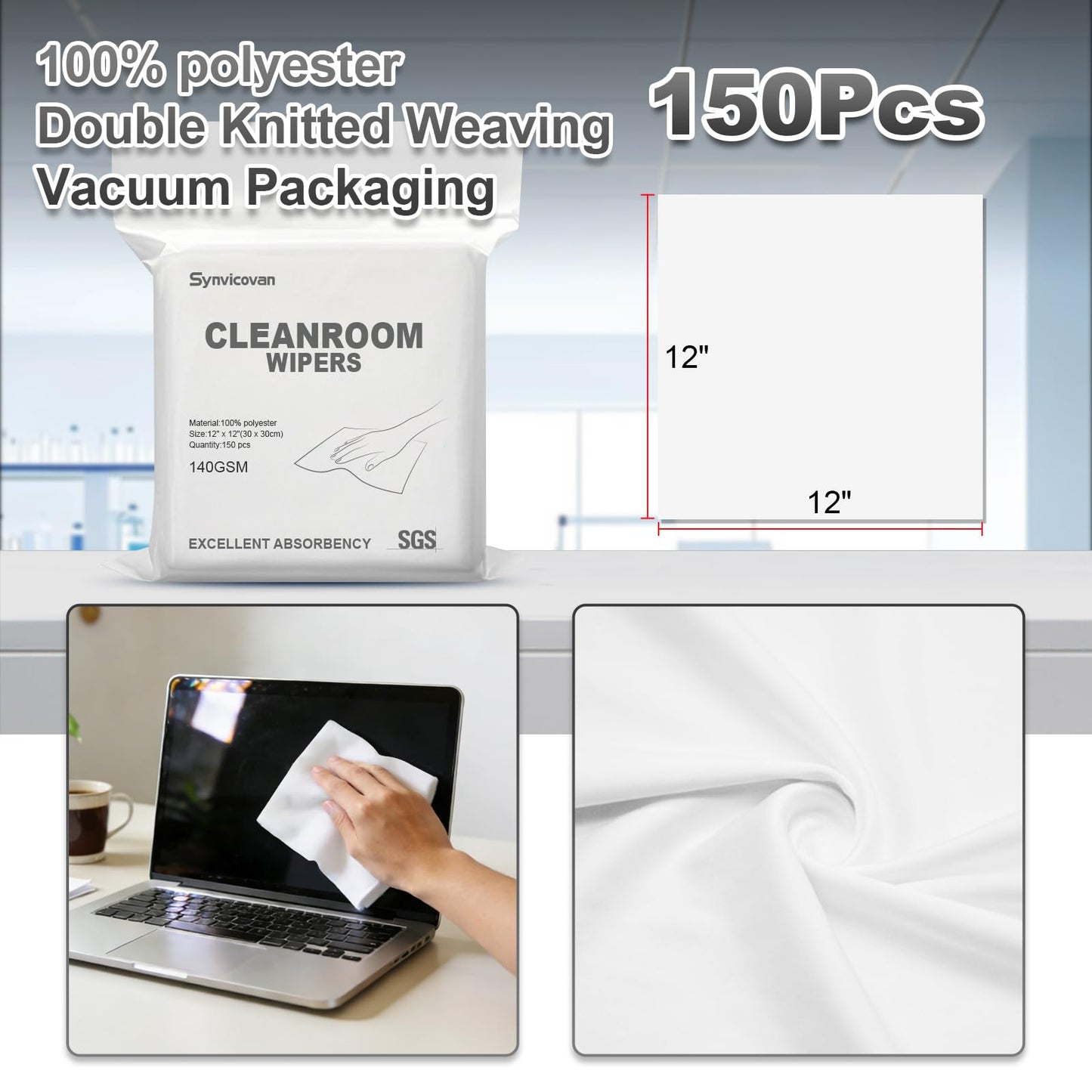 Synvicovan Lint Free Cleanroom Wipers 12"x12"(150 Pcs, 140GSM) Double Knit 100% Polyester Reusable and Washable Cleaning Cloths with Ultra-fine Filaments, Laser Sealed Edge Ultra-Soft Wipers