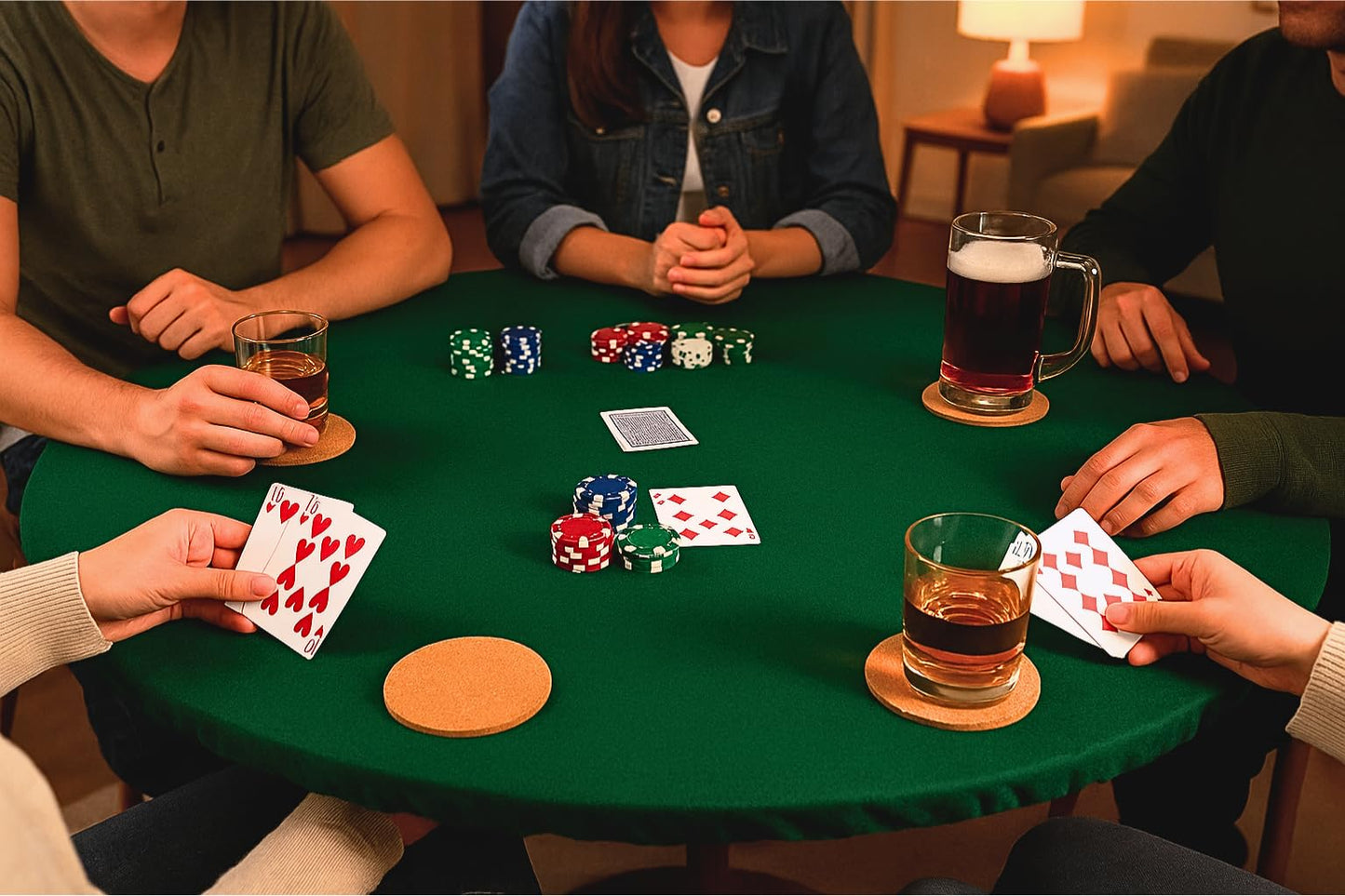 Katai Poker Table Cover – Fits 36–48" (91–122 cm) Round Tables – Green Felt Casino Top for Poker, Mahjong & Board Games – Includes 6 Cork Coasters