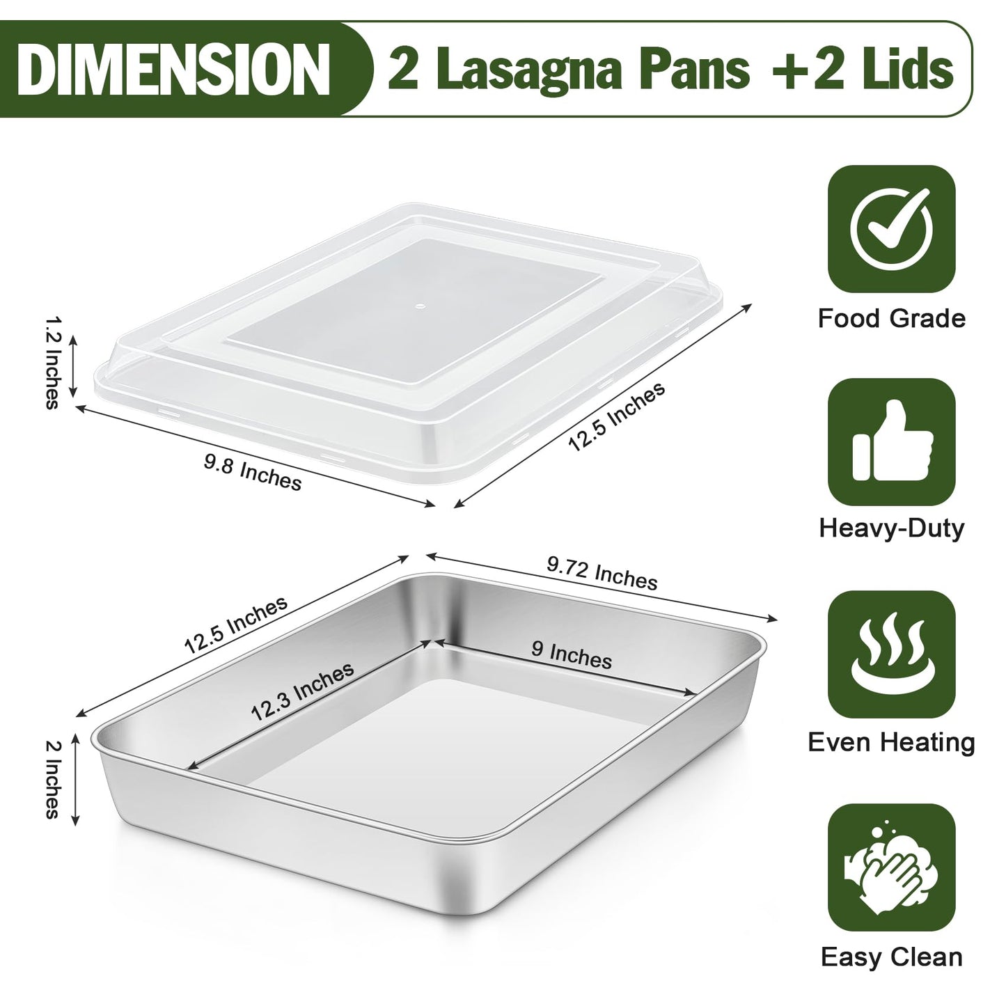 TeamFar Lasagna Pan, 12⅖’’ x 9¾’’ x 1.85’’ Stainless Steel Rectangular Cake Brownie Baking Pan with Lid, Non-Toxic & Heavy Duty, Brush Surface & Deep Side, Dishwasher Safe-2 Pans+2 Lids