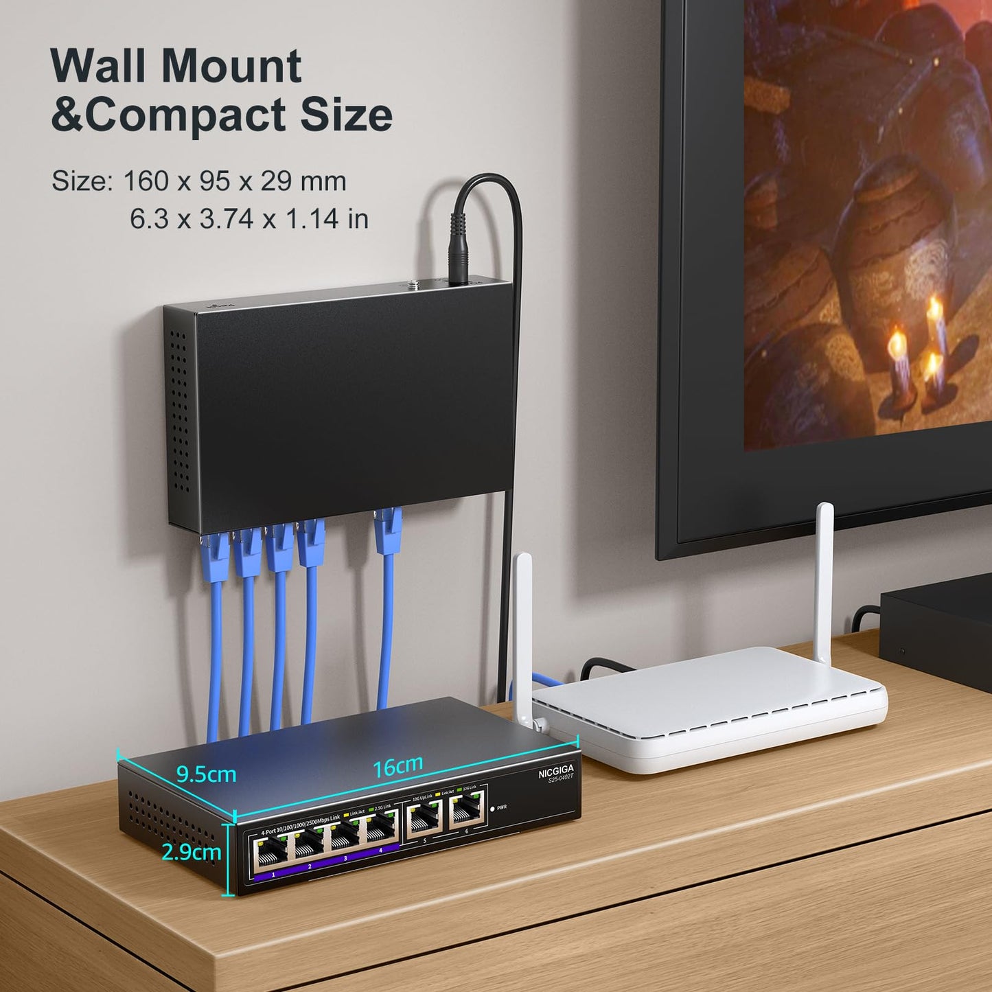 10Gbe Ethernet Switch Unmanaged with 2 x 10Gb RJ45 Ports ➕ 4 x 2.5Gb Base-T Ports, Desktop/Wall Mount NICGIGA 6 Port 10Gbps Network Switch for Wireless AP, NAS, PC