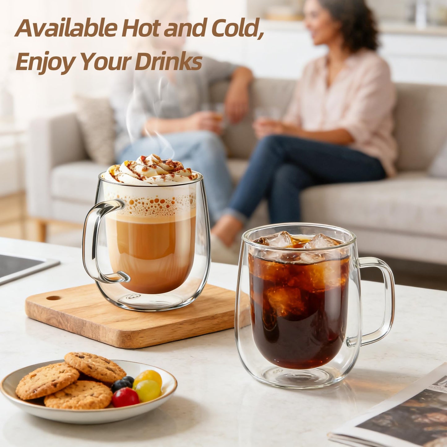 Yopinmall 12OZ Glass Coffee Mug Set of 4 - Double Walled Mugs with Large Handle Iced/Hot Insulated Glasses Cup for Espresso Latte Cappuccino Americano Tea Dishwas Dishwasher Safe