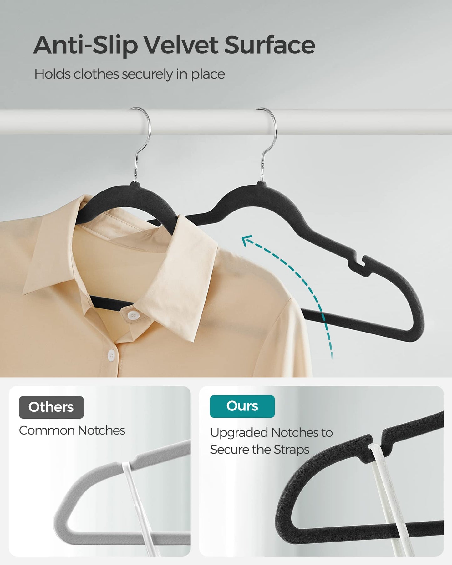 SONGMICS Velvet Hangers, Non-Slip Clothes Hangers with Shoulder Notches, Pants Bar, 360° Swivel Hook, Space-Saving, for Closet, 50 Pack, Ink Black UCRF029B05