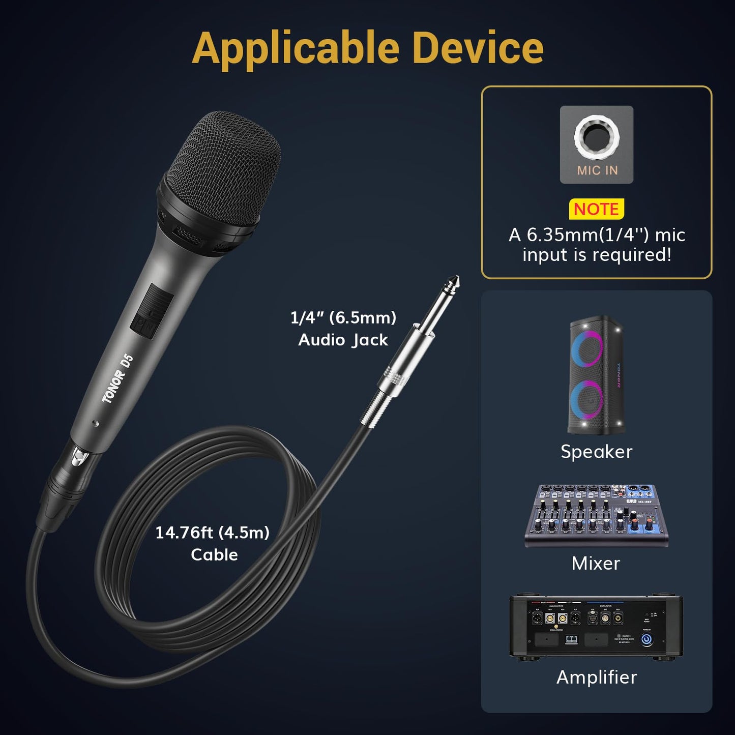 TONOR Dynamic Vocal Microphone for Singing, Handheld Wired Karaoke Mic, Cardioid Studio Microfono with 5M XLR to 1/4" Cable, Compatible with Speakers/Mixer Machine/Amp/Speech and Outdoor Activity
