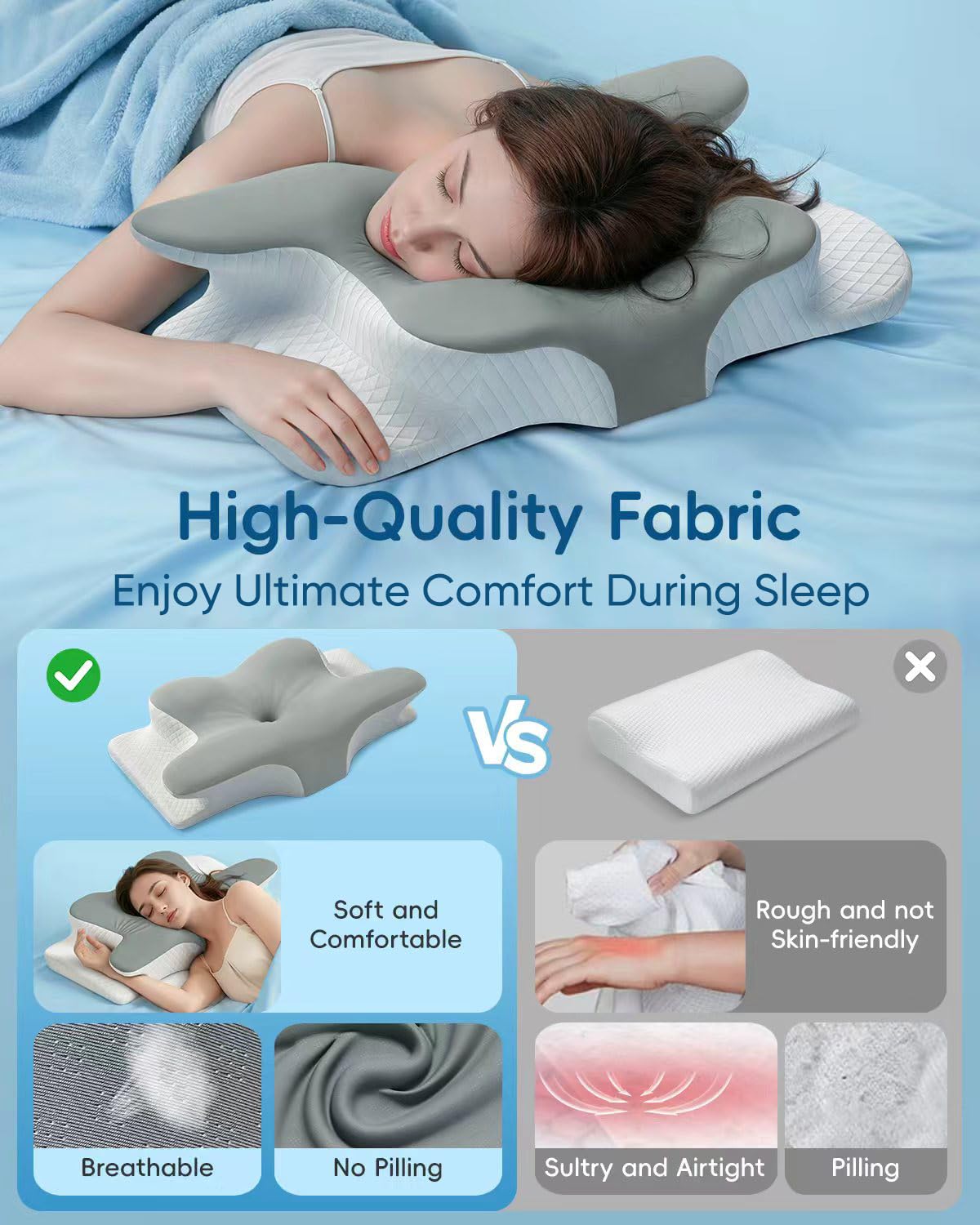 BUWAN Cervical Neck Pillow, Ergonomic Contour Memory Foam Pillow with Cooling Breathable Case, Neck and Shoulder Support for Side Back Stomach Sleepers, Washable Cover, Compact, Grey