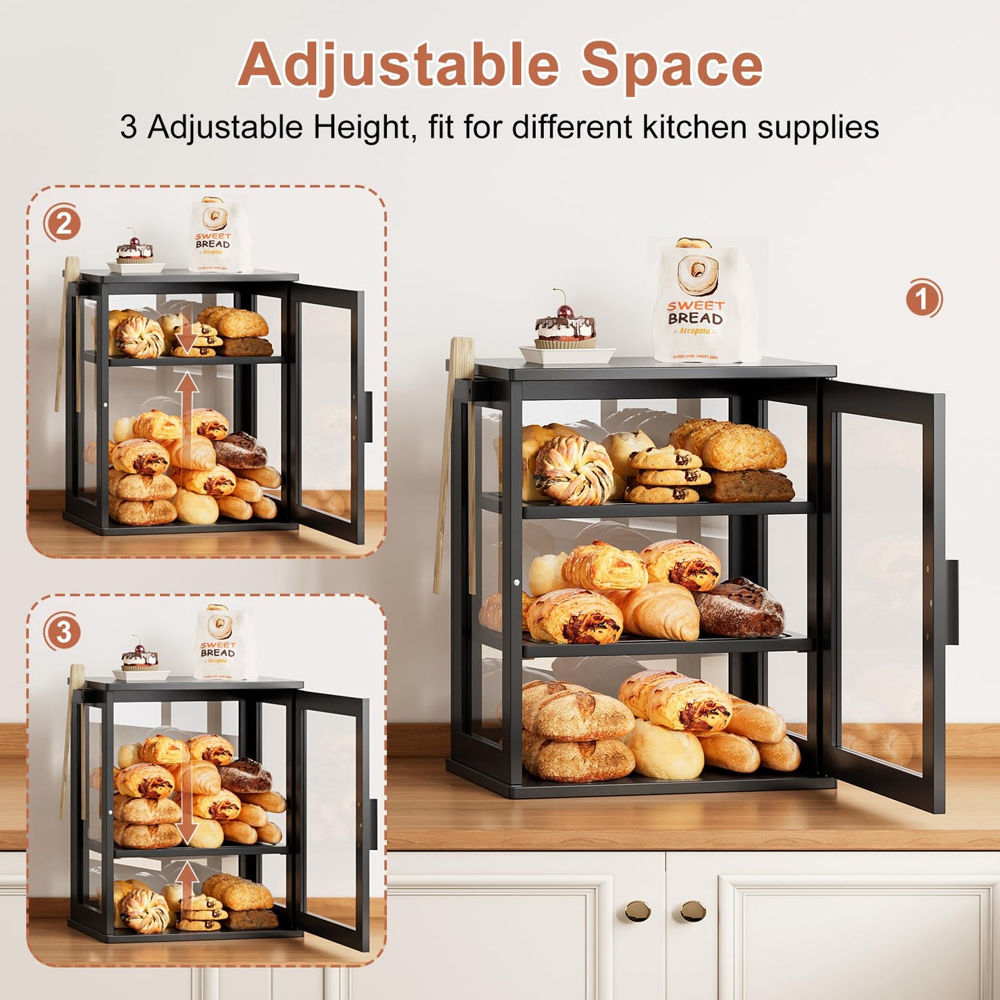 WOWLIVE Black Bread Box for Kitchen Countertop, Large 3 Layers Bread Storage Container for Homemade Bread with Window, Farmhouse Breadbox Organizer for Kitchen, Cabinet, Pantry (Black, Meduim)