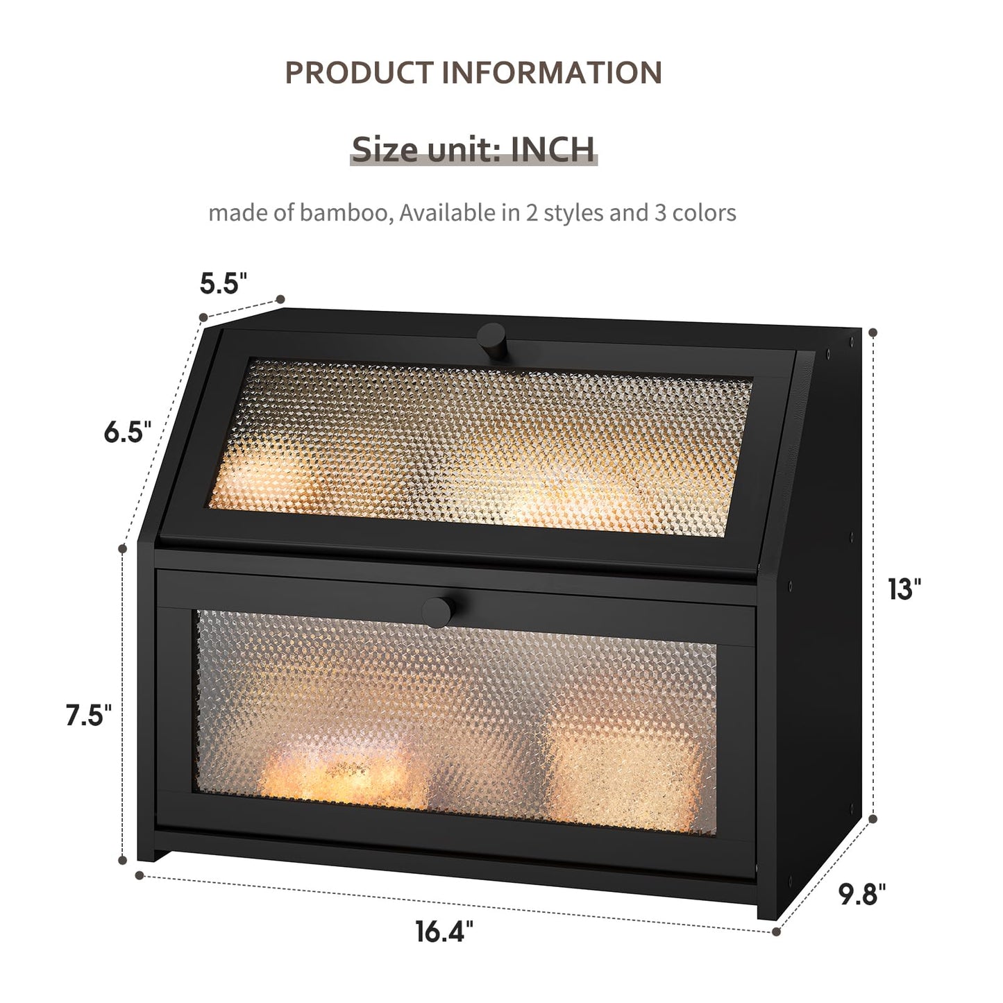 Bread Box for Kitchen Countertop Bin Double Layer Bread Box Storage Container Extra Large Capacity Farmhouse with Diamond Pattern Windows (Black)