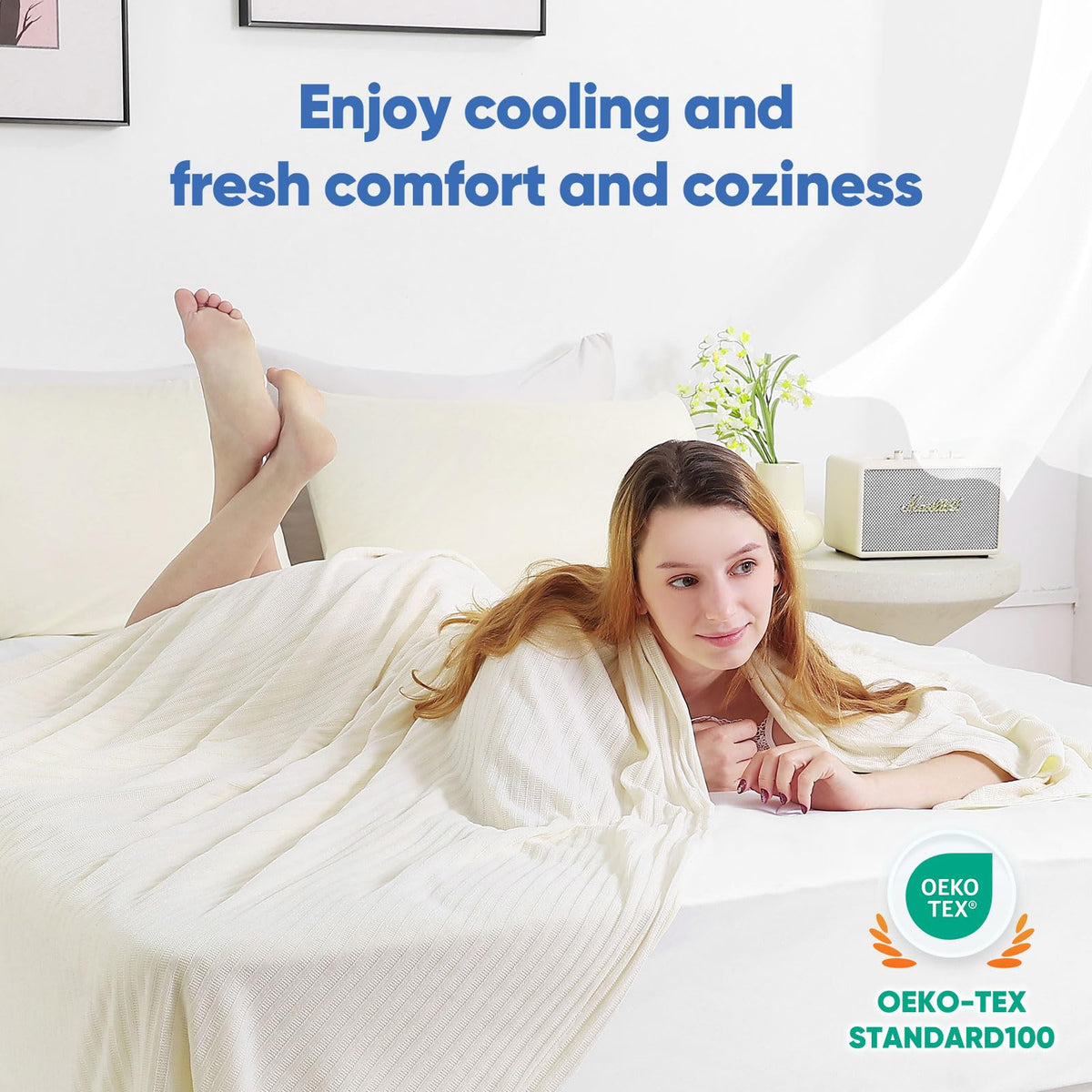 Marchpower Cooling Blanket Queen Size, Double-Sided Summer Blanket, Arc-Chill 3.0 Cold Blanket (Q-max > 0.5), Soft Chenille Throw, Breathable Cool Blanket for Hot Sleepers, Beige, 79" X 86"
