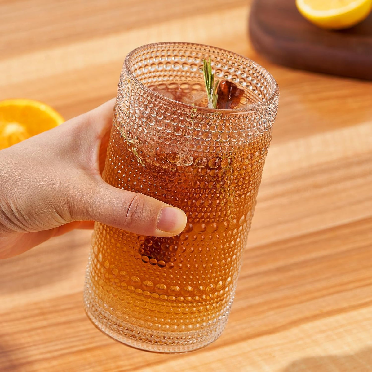 16oz Hobnail Drinking Glasses Set of 6, Vintage Large Capacity Embossed Clear Tumblers, Highball Glasses for Water, Cocktail, Beer, Whiskey, Juice & Bar Use (Clear)