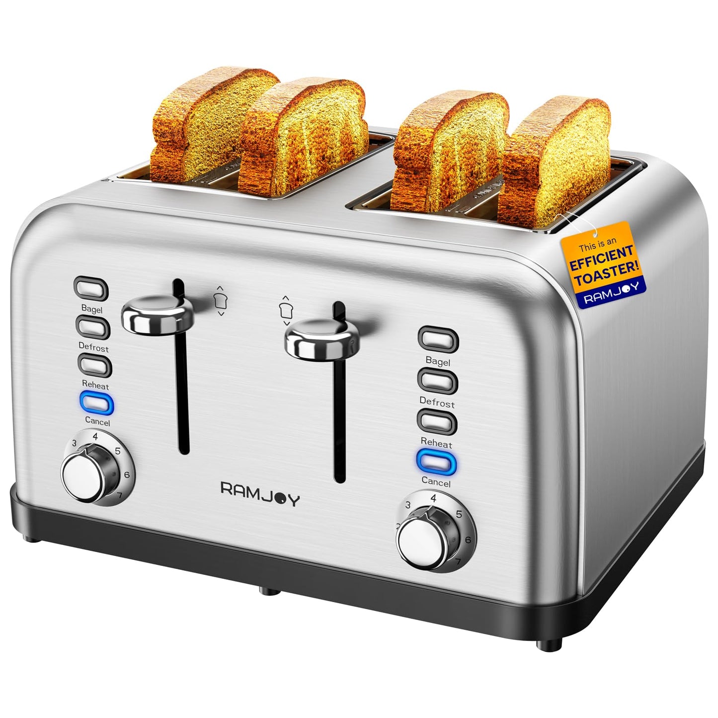 RAMJOY Toaster 4 Slice, Dual Independent Controls, Extra Wide Slot Toasters for Bagel, Bread, Waffles, 7 Shade Settings, 4 Main Functions, Removable Crumb Tray, 1500 Watts, Brushed Stainless Steel