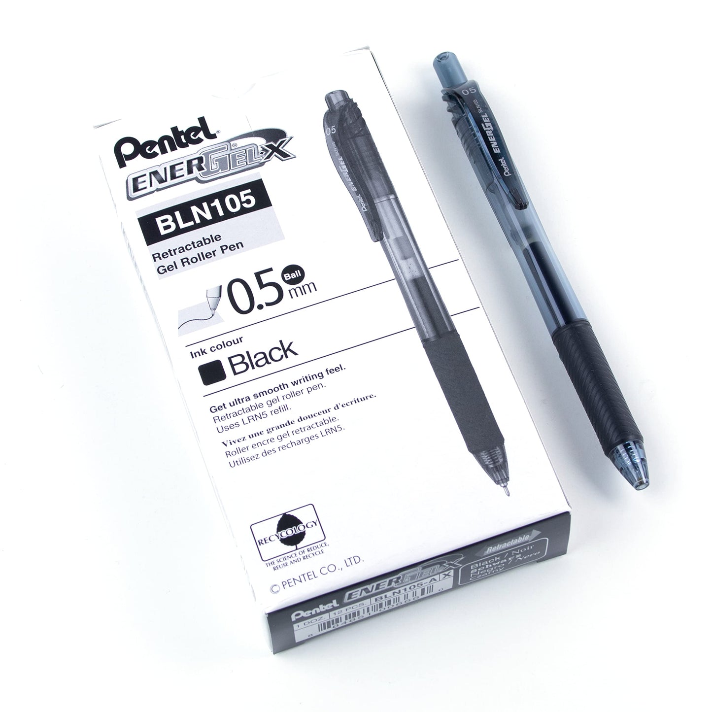 Pentel EnerGel X Retractable Liquid Gel Rollerball Pen, Everyday Use, Office Supplies, School Supplies, 0.5mm Fine Needle Point, Black Ink, BLN105-A, Box of 12