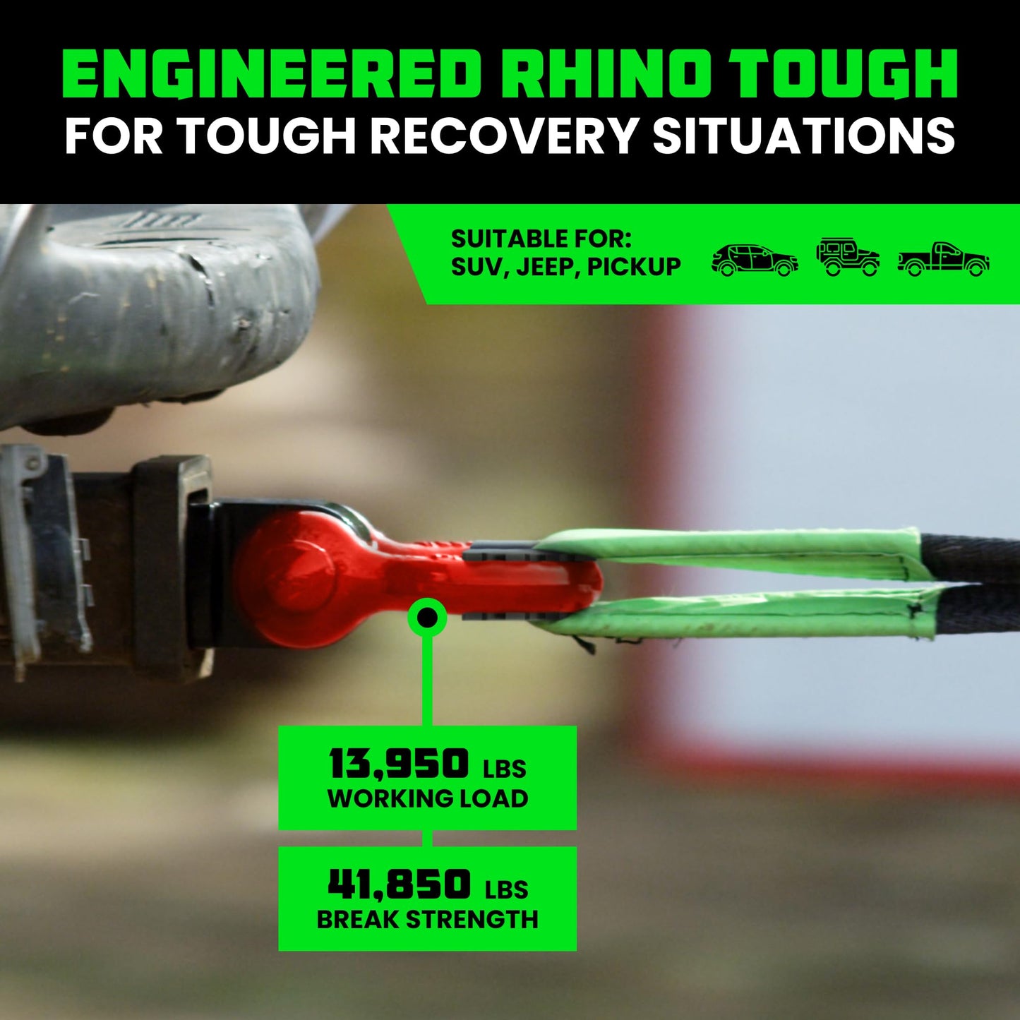 Rhino USA Shackle Hitch Receiver (Fits 2" Receivers) Best Towing Accessories for Trucks, Jeep, Toyota & More - Connect Your Rhino Tow Strap for Vehicle Recovery, Mounts to 2" Receiver Hitches (Red)