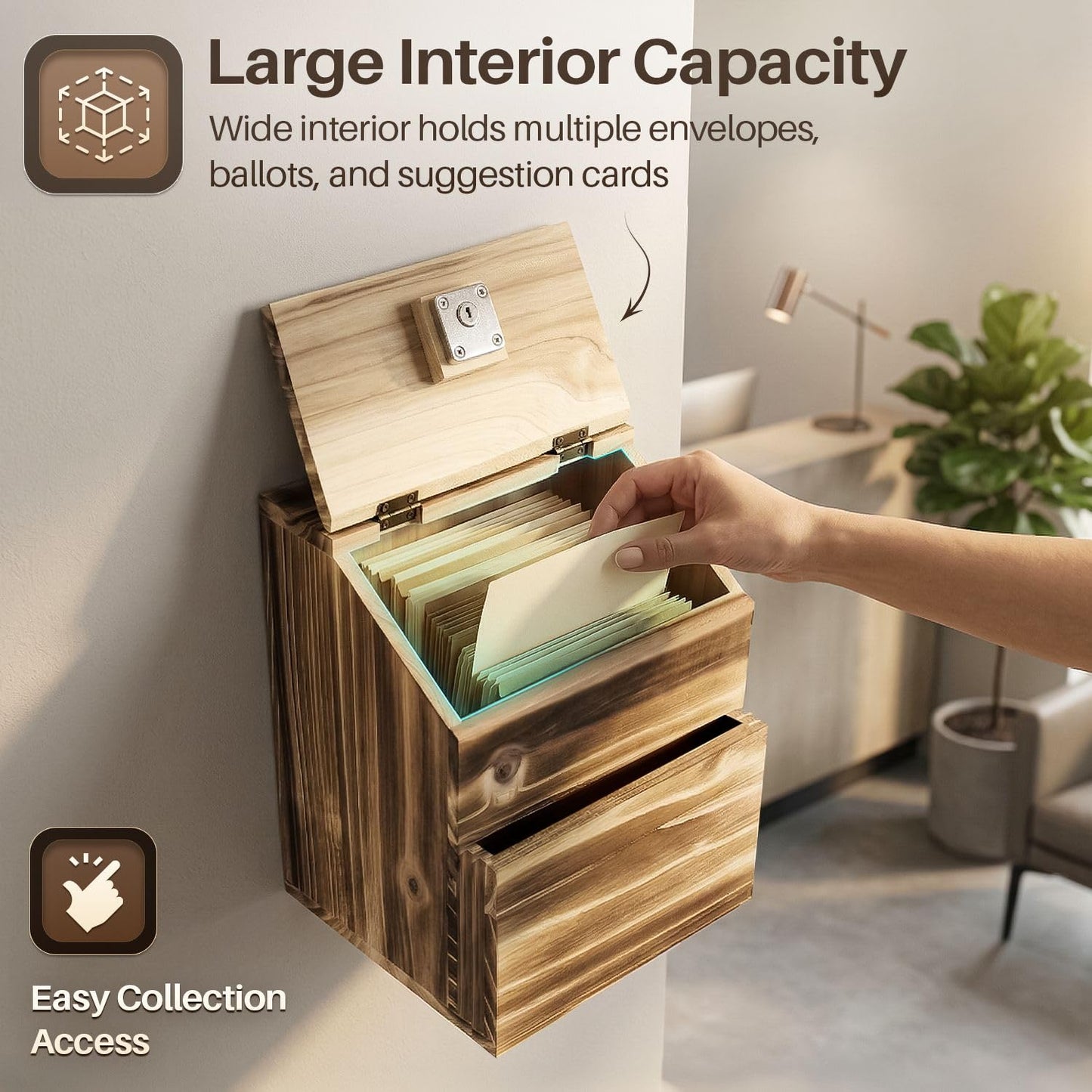 Flexzion Wooden Lockable Suggestion Box with Key Lock Lid, Wall Mounted or Free Standing Locked Ballot Prayer Donation Comment Cash Tip Money Drop Box Includes Hardware, 2 Keys