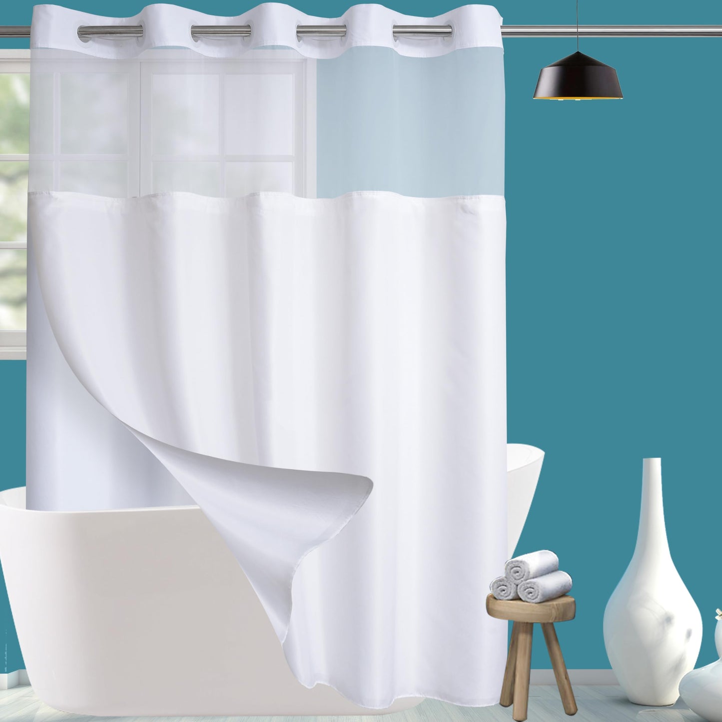 Conbo Mio Hotel Style Shower Curtain with Snap in Liner for Bathroom Waterproof Repellent Machine Washable Removable Polyester Liner (Plain-White, 71" W x 74" H)