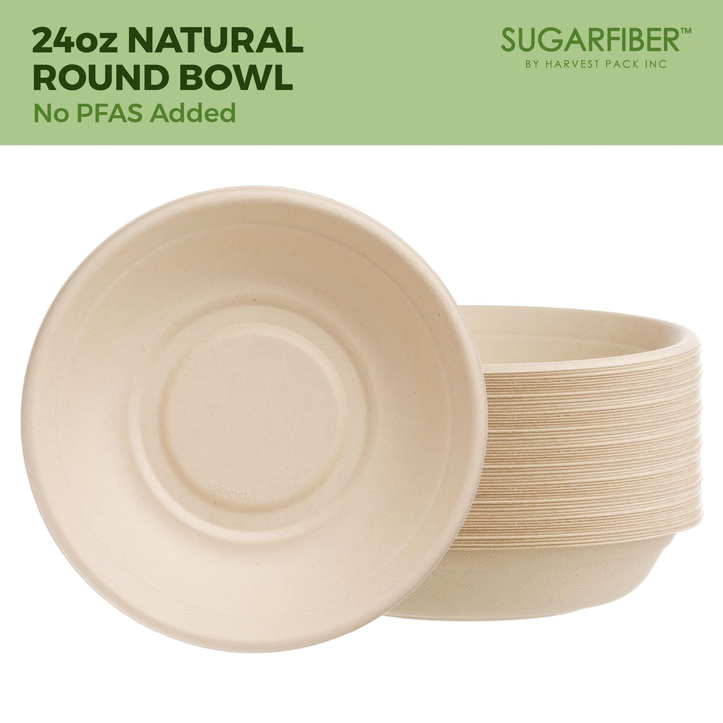 [50 Count] Sugarfiber by Harvest Pack PFAS Free 24oz Round Paper Bowls - Compostable Heavy-Duty Eco-Friendly Disposable Bagasse Bowl Sugarcane Made Plant fibers for Meal Prep
