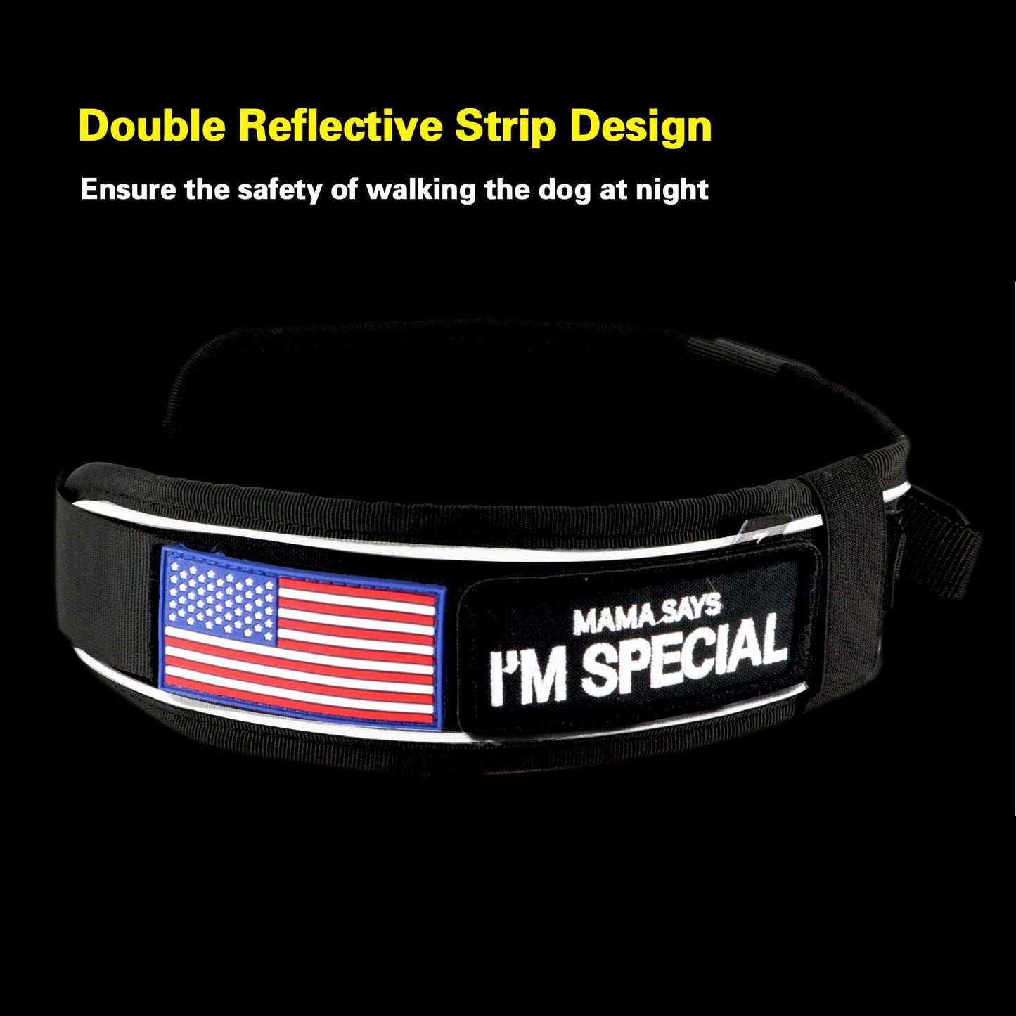 Comfluxe 2.5" Tactical Dog Collar for Medium Dogs, Adjustable Heavy Duty Military Nylon Dog Collar with Reflective Stitching & Padded Handle for Hiking/Running/Training (Black,M)