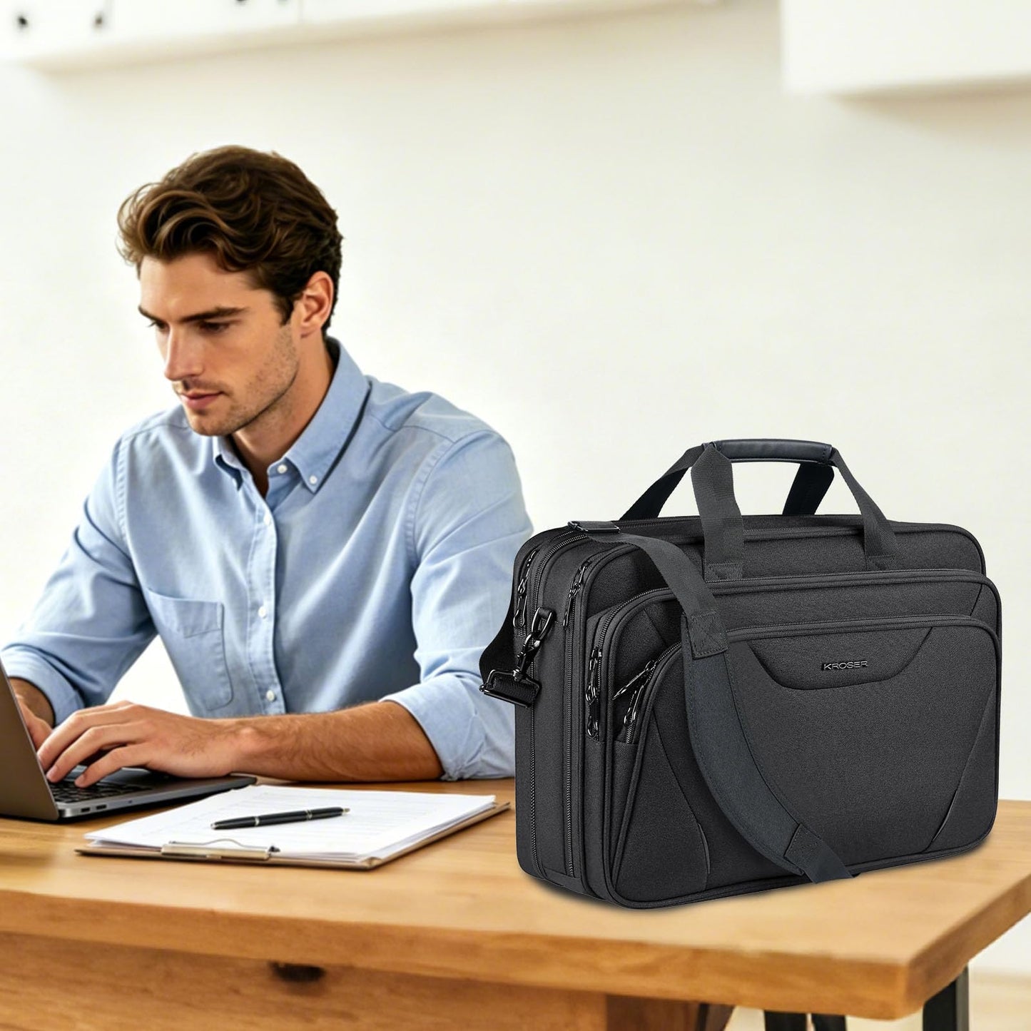 KROSER Laptop Bag Premium Laptop Briefcase Fits Up to 17.3 Inch Laptop Expandable Water-Repellent Shoulder Messenger Bag Computer Bag for Travel/Business/School/Men/Women-Black