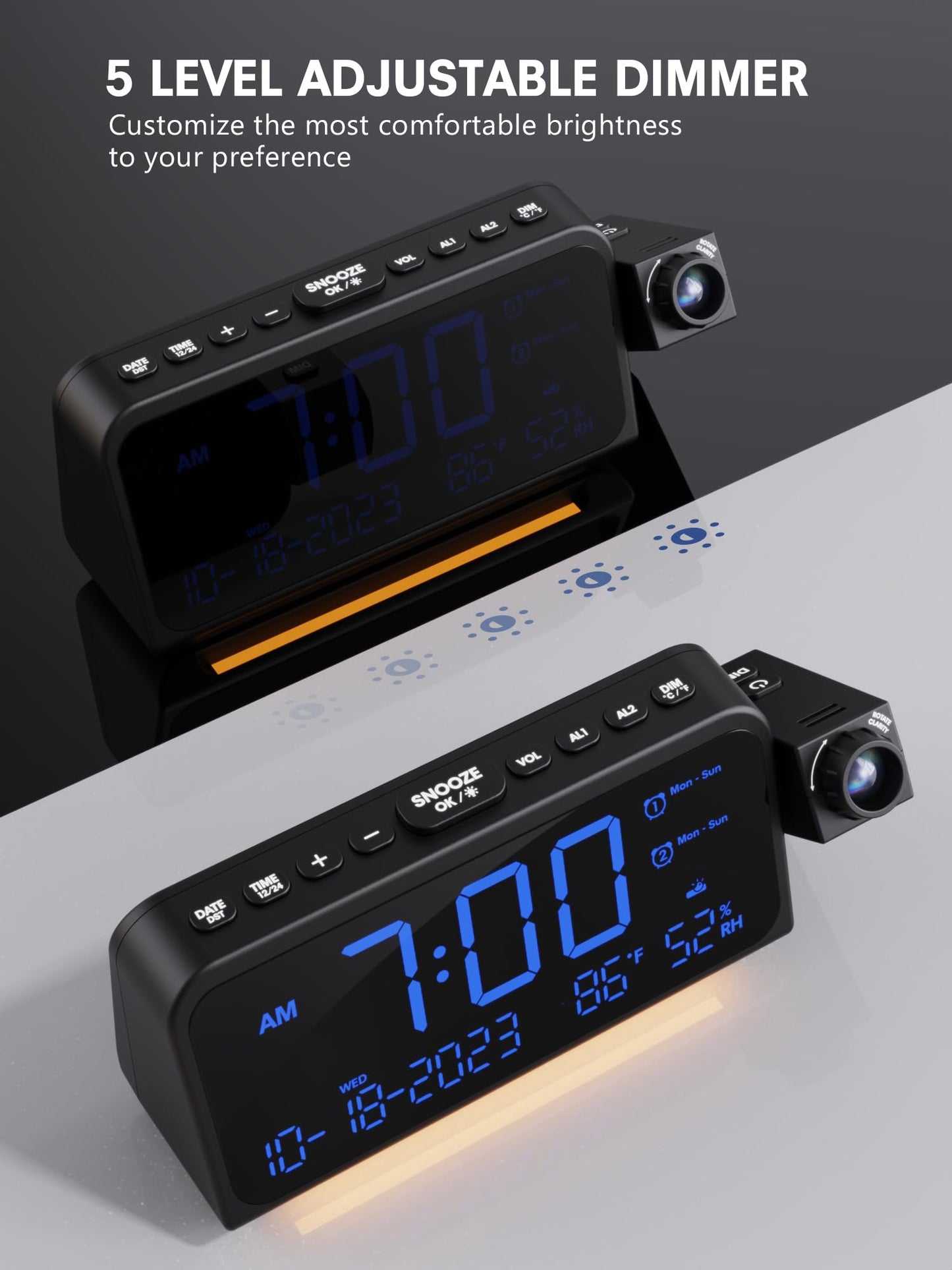 350° Rotatable Projection Alarm Clock, Dual Alarm and Nightlight, Adjustable Brightness and Volume, USB-A & Type-C Charging, 9mins Snooze,12/24H/DST, Digital Calendar Clocks for Bedrooms
