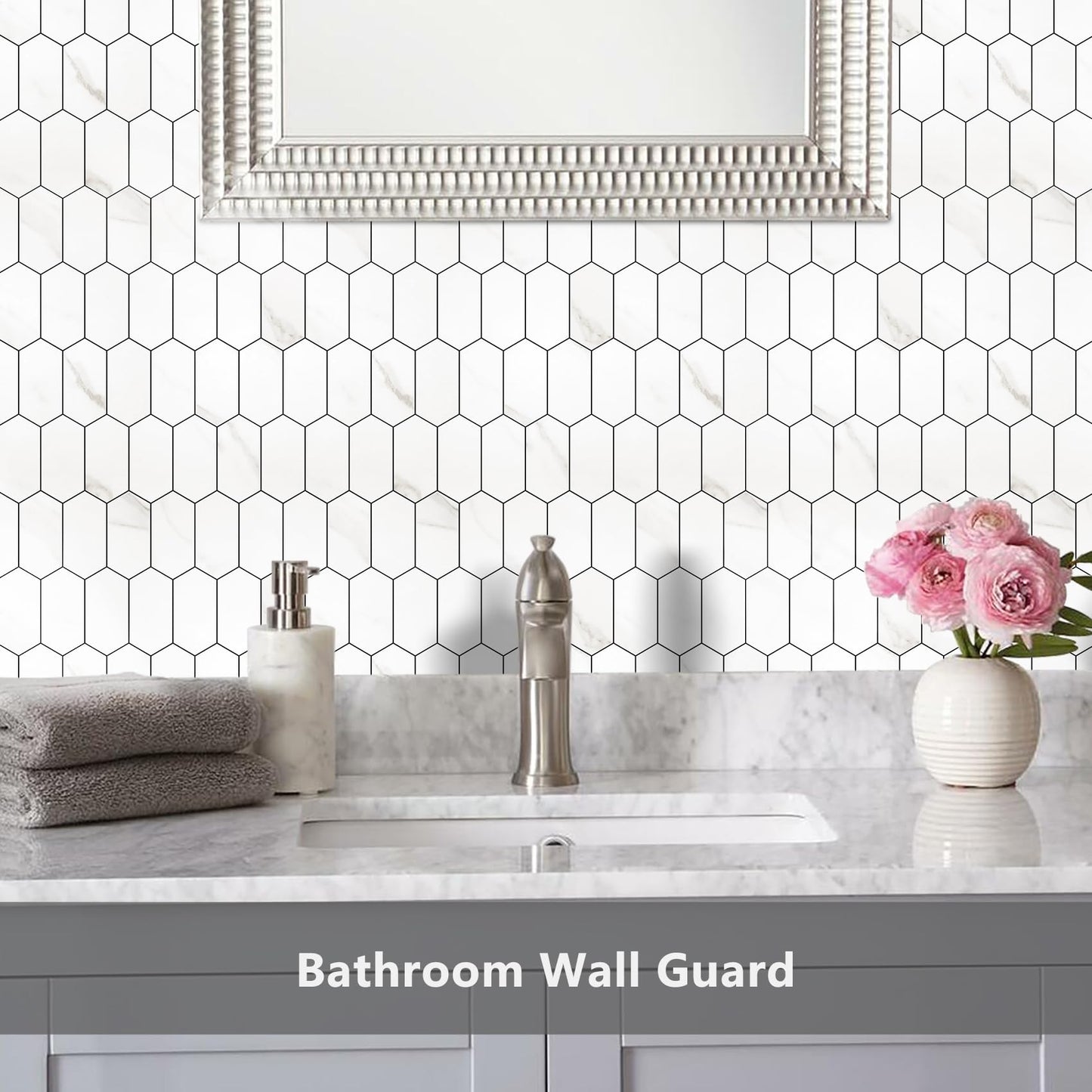 Vamos Tile Long Hexagon Peel and Stick Backsplash Tile - 10 Sheets Stick on Backsplash for Kitchen and Bathroom 12.4 x 12 Inch White Marble Look PVC Self Adhesive Mosaic Wall Tiles