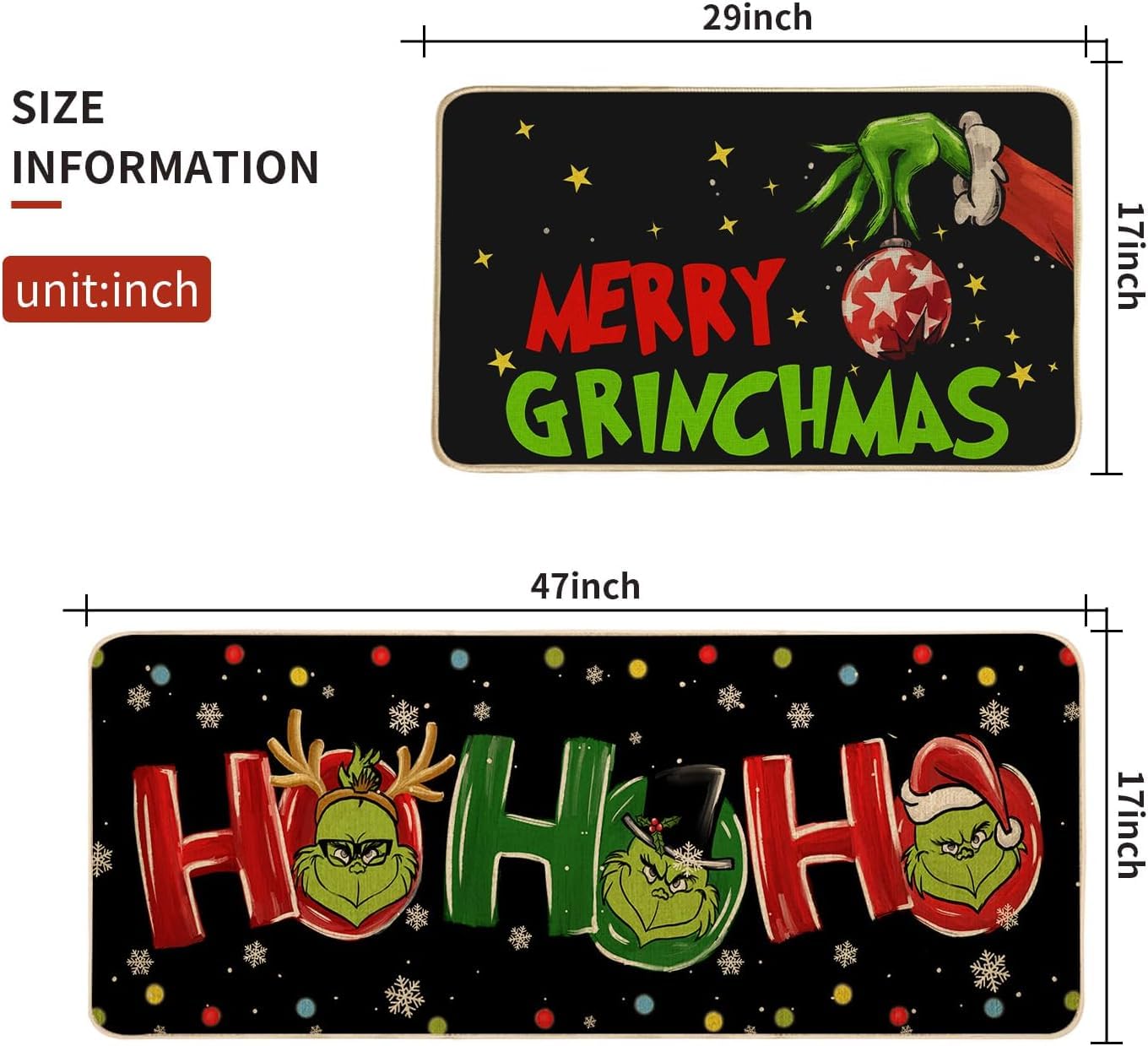 Christmas Kitchen Mats Sets of 2, Winter Xmas Kitchen Rugs Non Skid Washable Doormat Farmhouse Style Decor Mats for Floor 17x29 and 17x47 Inch DM106