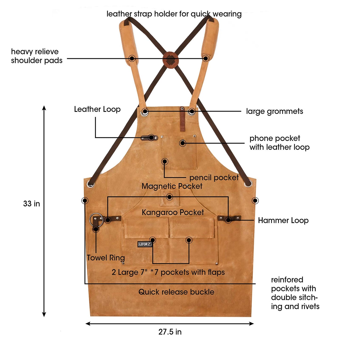 Woodworking Shop Apron with Magnetic Pocket,Waxed Canvas Work Apron for Men, Waterproof Carpenter Apron Cross- Back Strap & Adjustable from M to XXL
