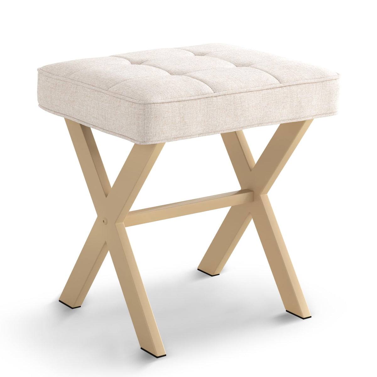 LUE BONA Vanity Stool, Square Linen Makeup Stool with Metal X Legs, Modern Padded Vanity Seat Foot Rest Stool for Makeup Room, Bathroom, Linen Color
