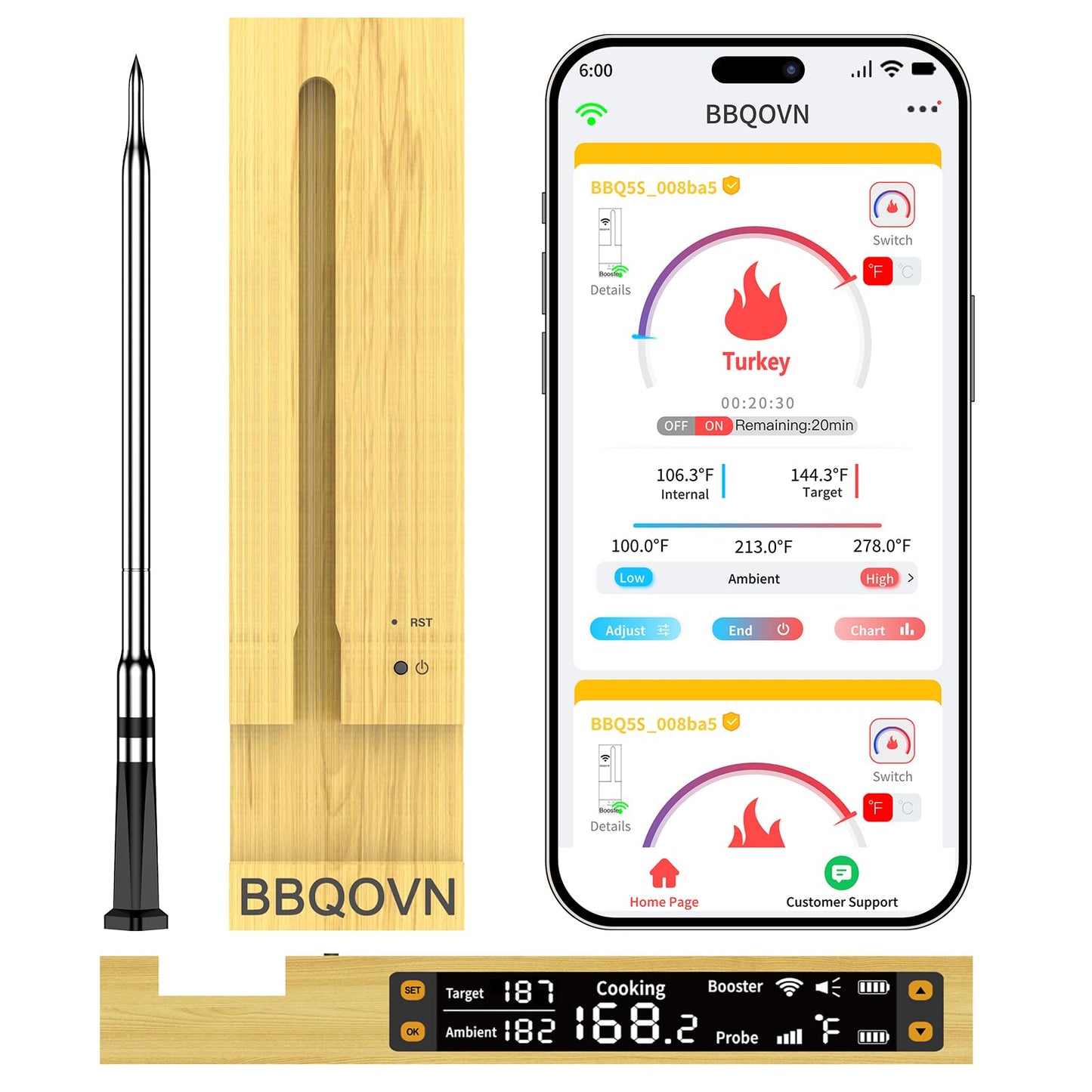 BBQOVN WiFi Bluetooth Wireless Meat Thermometer Unlimited Range, Check Temp Anywhere,7 NIST Certified Sensors with Ambient Temp, Monitor for BBQ, Grill, Oven, Smoker, Air Fryer (Black)