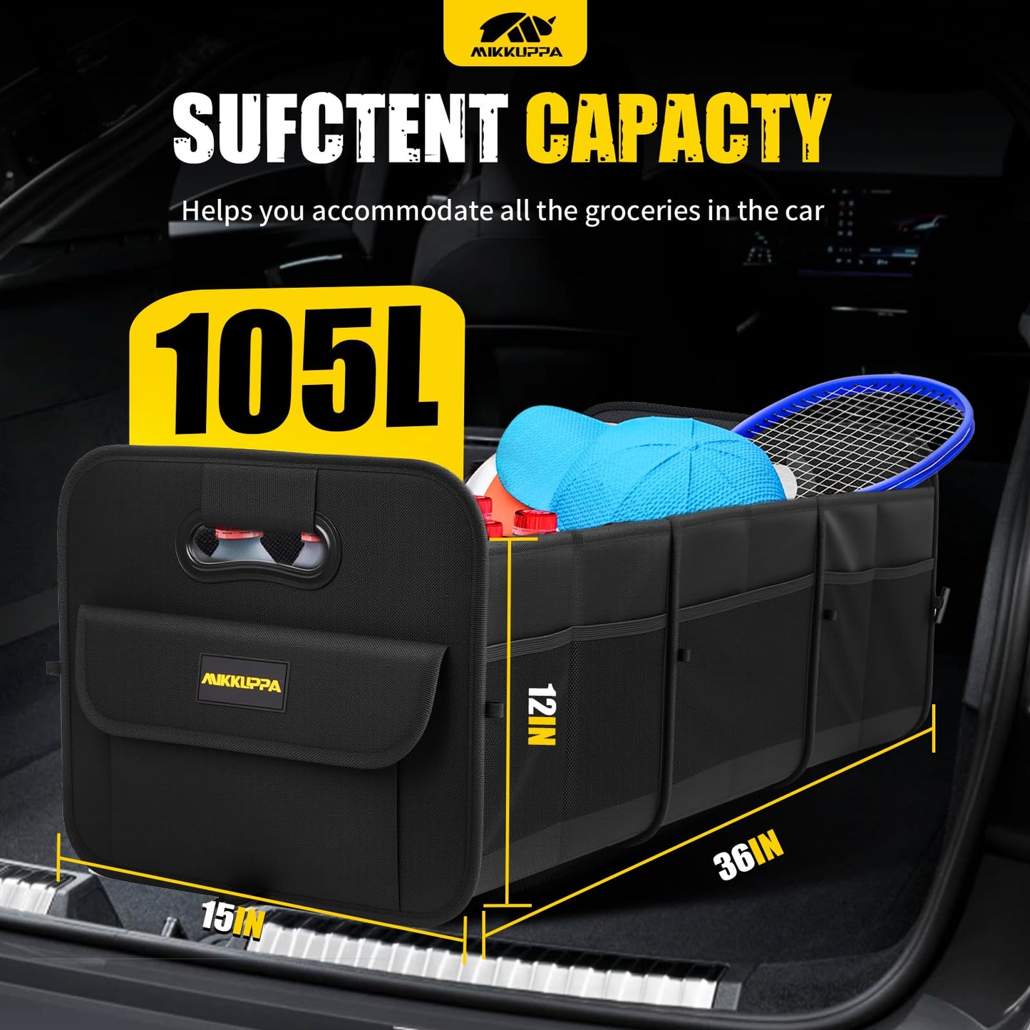 MIKKUPPA Car Trunk Organizer - 105L Collapsible Large Trunk Organizer for Groceries, Trunk Storage Organizers for SUV Auto Truck Van with Non Slip Bottom (Black)