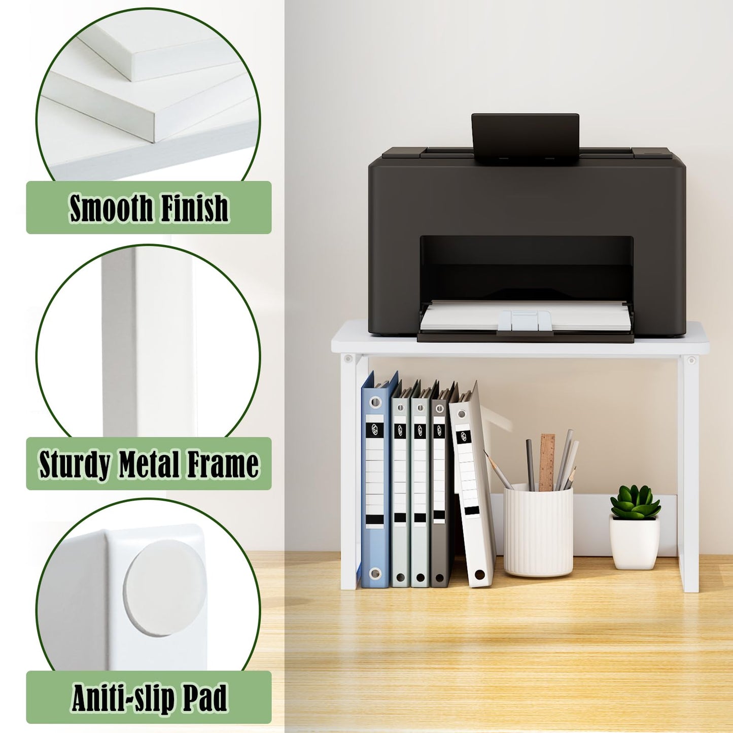 MARTY Printer Stand with Storage for Desk, White Desktop Printer Stand Shelf Organzier for Home/Office Heavy Duty Printer Riser Under Desk Small Table for Printer Copier Scanner