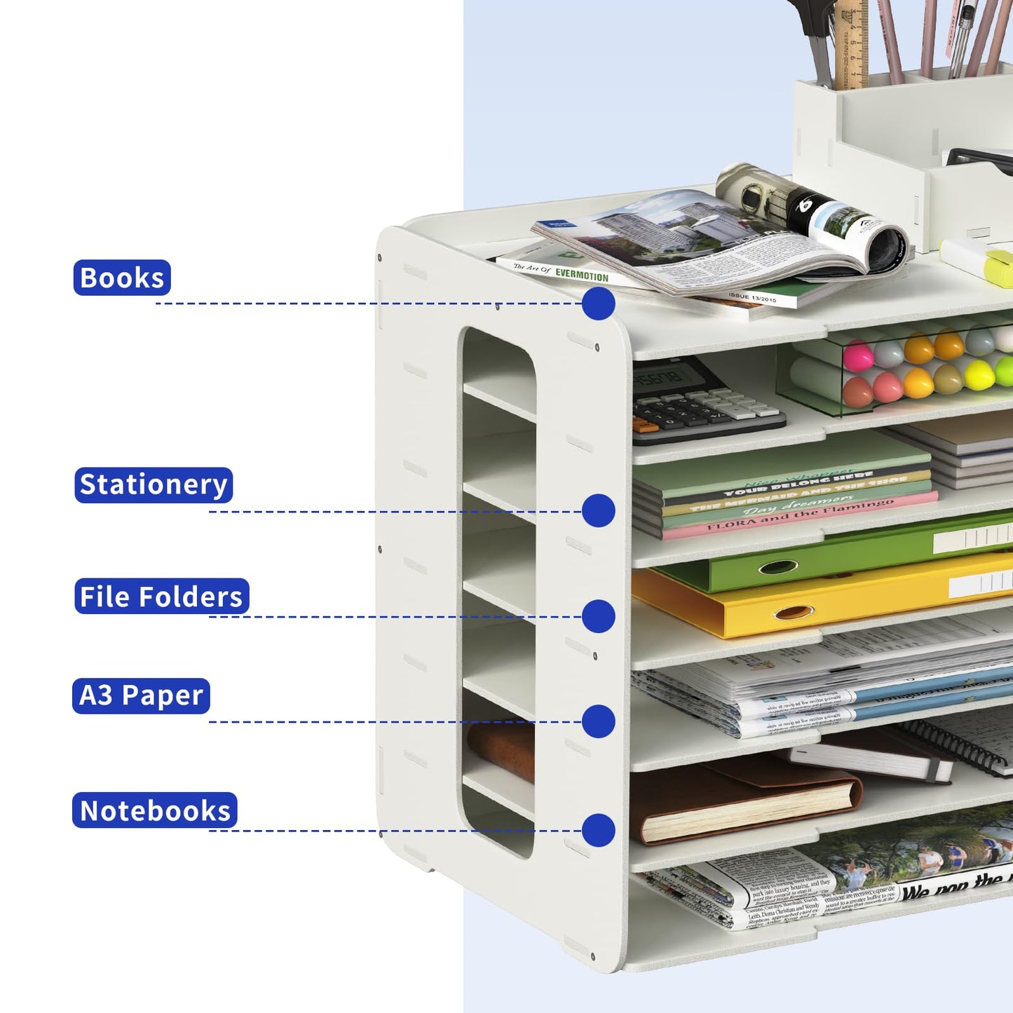 bimiti A3 Paper Organizer 11x17 Inches with 7 Compartments, PVC Desktop Storage Rack for Scrapbooking Supplies, Office Documents & School Art Materials - Space-Saving Vertical Design