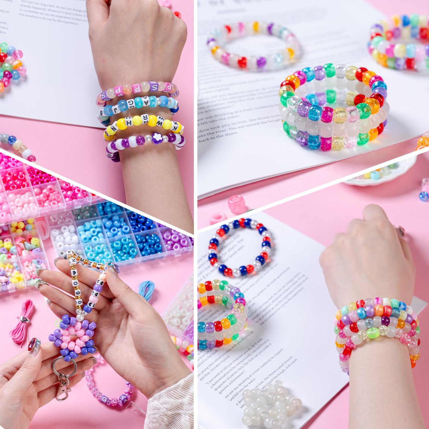 6 Boxes Bracelet Making Kit Pony Beads, 8mm Kandi Rave & Hair Beads Set with UV Color Changing, Glow-in-Dark, Chrome & Alphabet Letters for Friendship Jewelry DIY Crafts