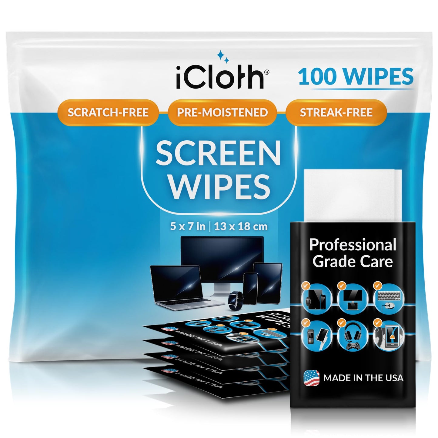 iCloth Large Screen Cleaning Wipes for Electronics, Lint-Free and Streak-Free, Fast-Drying, Removes Dust, Fingerprints, and Smudges (100 Large Wipes)