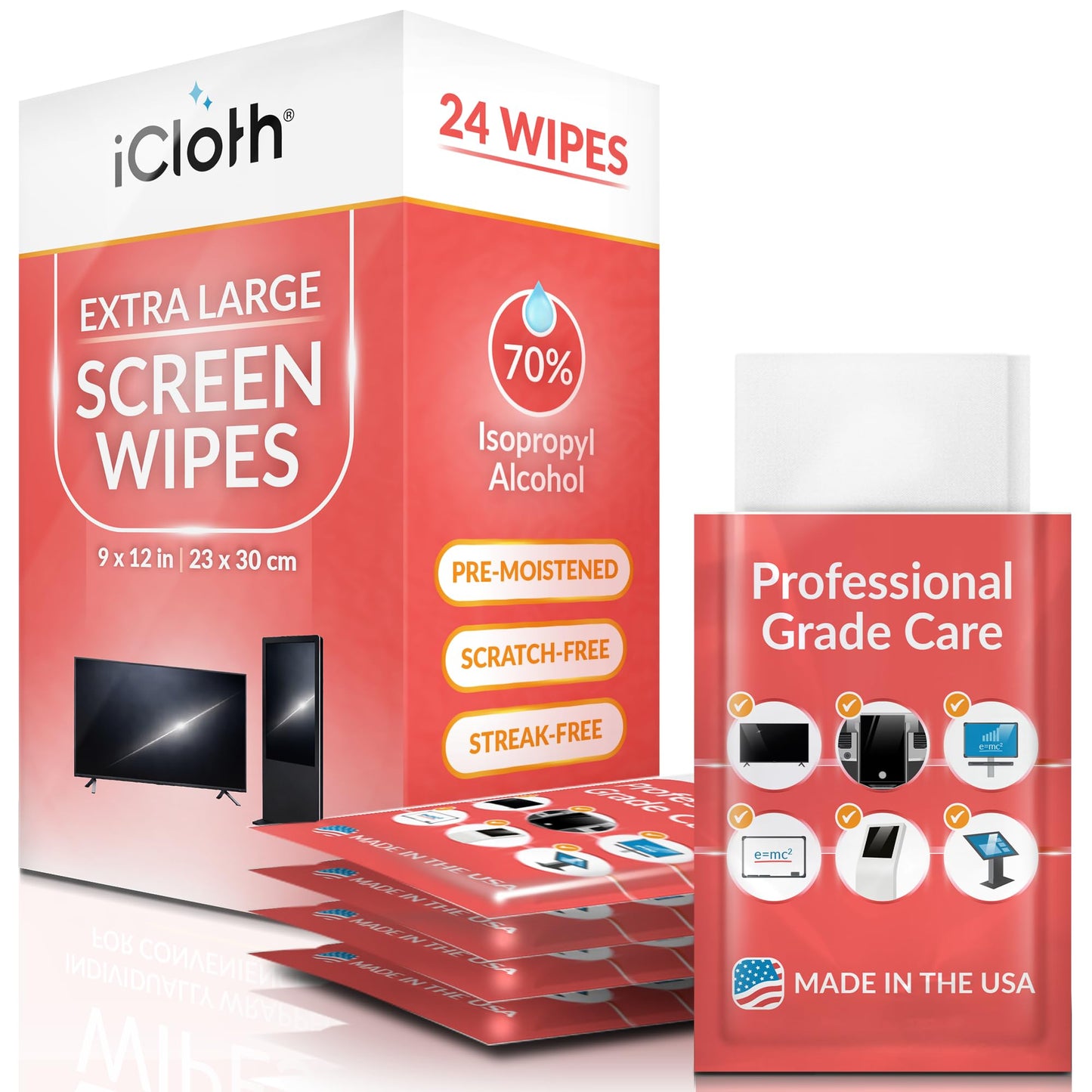 iCloth 70% Isopropyl Alcohol XL Screen and Electronics Wipes, Lint-Free, Streak-Free, Fast-Drying, Removes Dust and Fingerprints (24 Wipes)