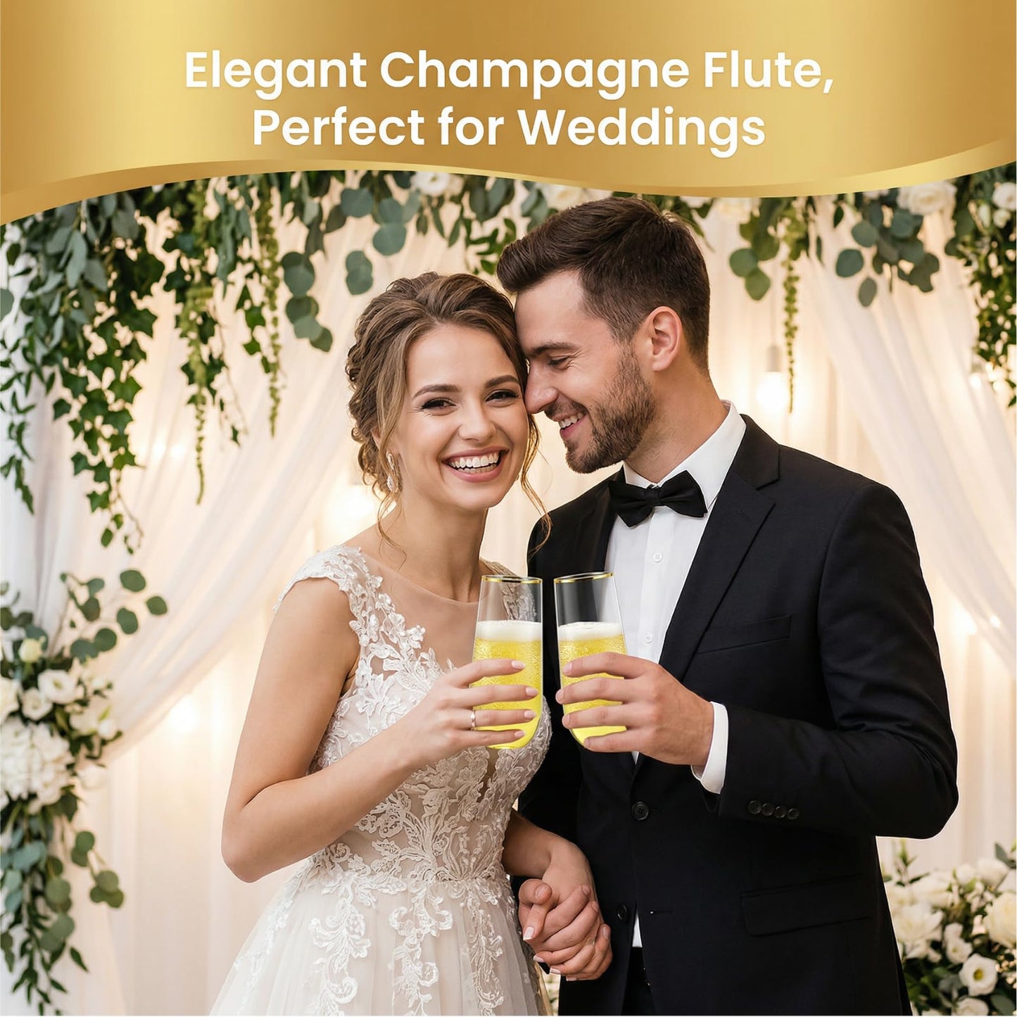 Hacaroa 48 Pack Plastic Stemless Champagne Flutes, 9 Oz Clear Toasting Glasses Highball Cups BPA-Free, Disposable Mimosa Glasses for Wine, Cocktail, Bar, Party, Wedding, Shatterproof, Gold Rim