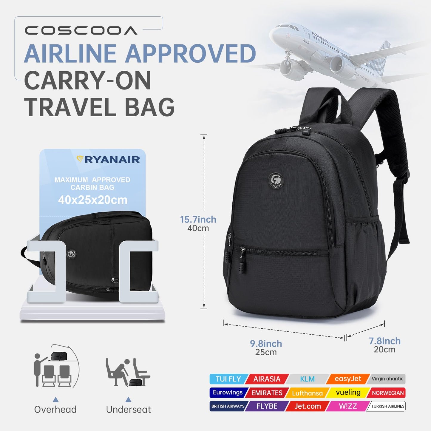 COSCOOA Ryanair Backpack 40x20x25 CM Travel Luggage Bag, Personal Item Travel Bag,Mochila de Viaje,Cabin Size Lightweight Backpack,Flight Approved Underseat Carry On Bag