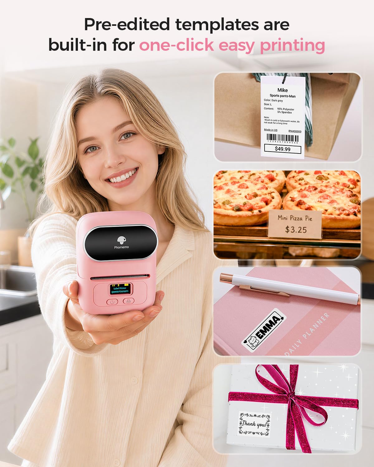 Phomemo M110 Label Maker- Portable Mini Bluetooth Thermal Label Printer Apply to Labeling, Office, Cable, Retail, Barcode and More, Compatible with Android & iOS System, with 1 40×30mm Label, Pink