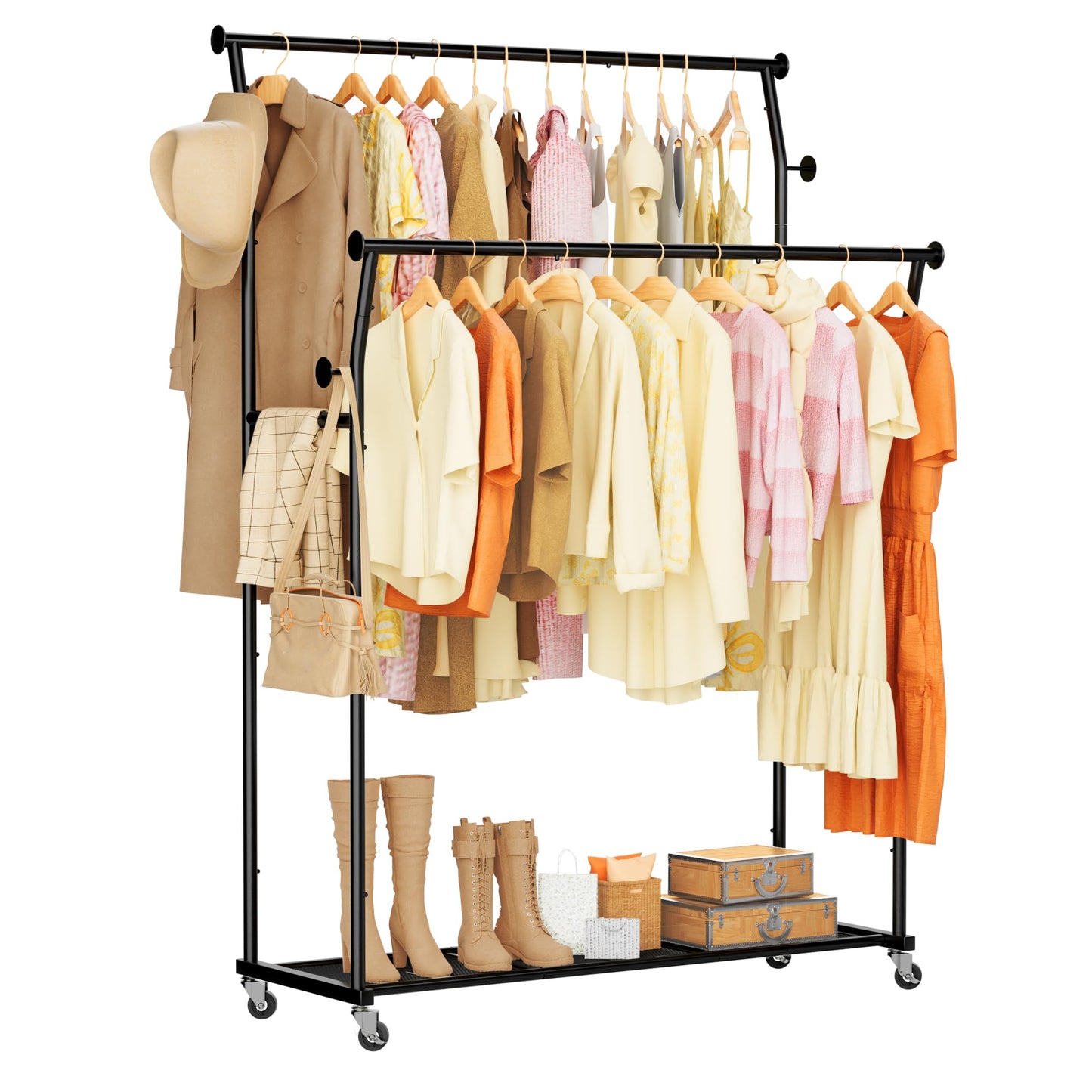 Double Rods Clothes Rack, Rolling Clothing Rack for Hanging Clothes with Hooks&Mesh Shelf, Portable Wardrobe Rack, Metal Coat Rack Sturdy Garment Rack for Bedroom Laundry Living Room Storage, Black