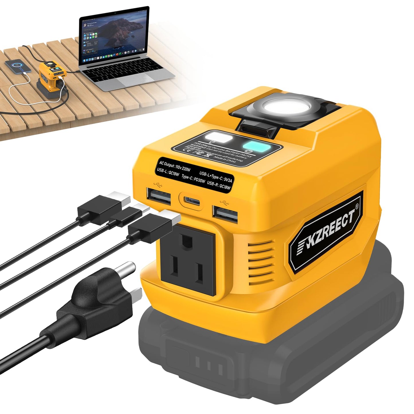 Kzreect 220W Power Inverter Compatible with Dewalt 20V Batteries (Battery Not Included) DC to 110V AC, 400 Lumen
