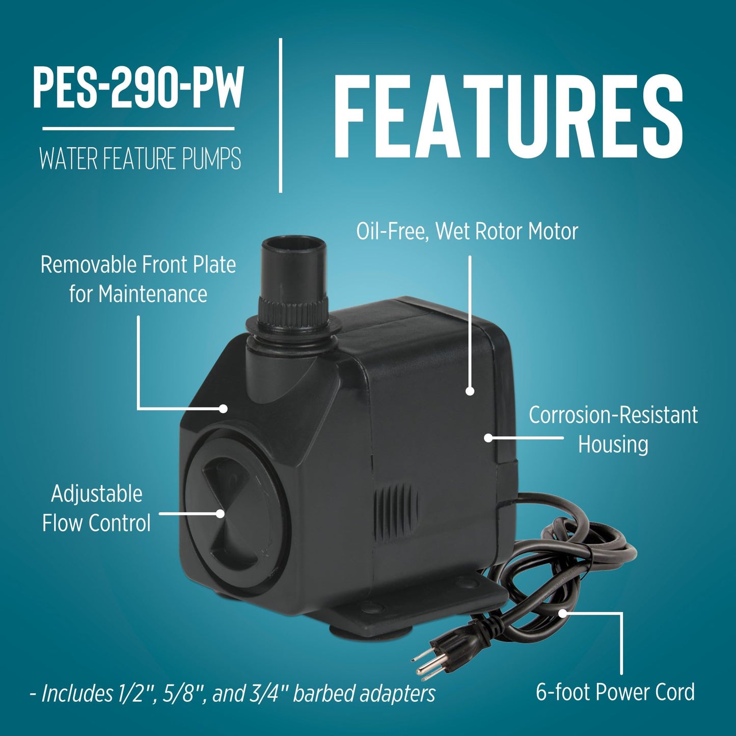 Little Giant PES-290-PW 115-Volt, 300 GPH Magnetic Drive Fountain/Pond Pump with 6-Ft. Cord, Black, 566717