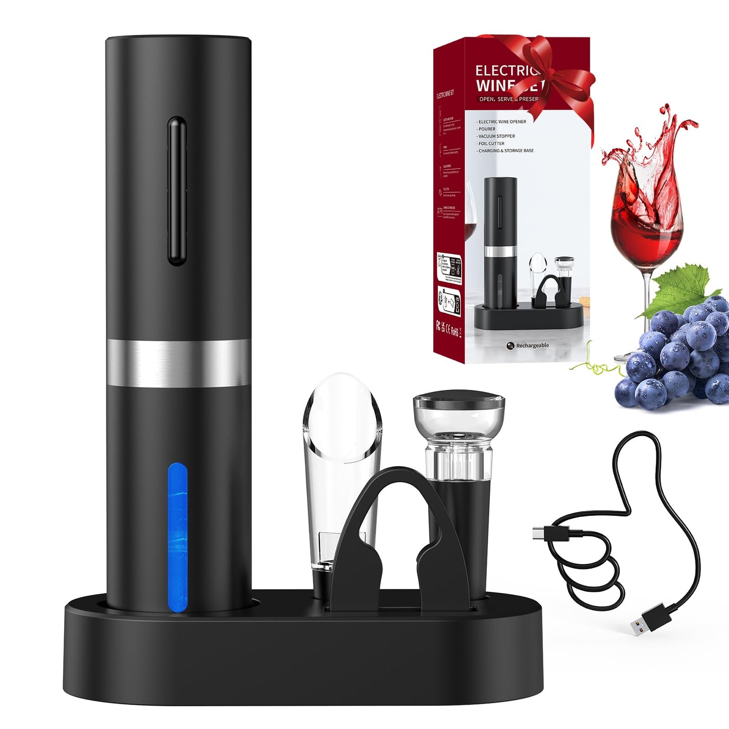 CIRCLE JOY 5-in-1 Electric Wine Opener Set, Rechargeable Wine Corkscrew Bottle Opener with Charging Station, Foil Cutter, Led Indicator, Aerator Pourer and Vacuum Stopper