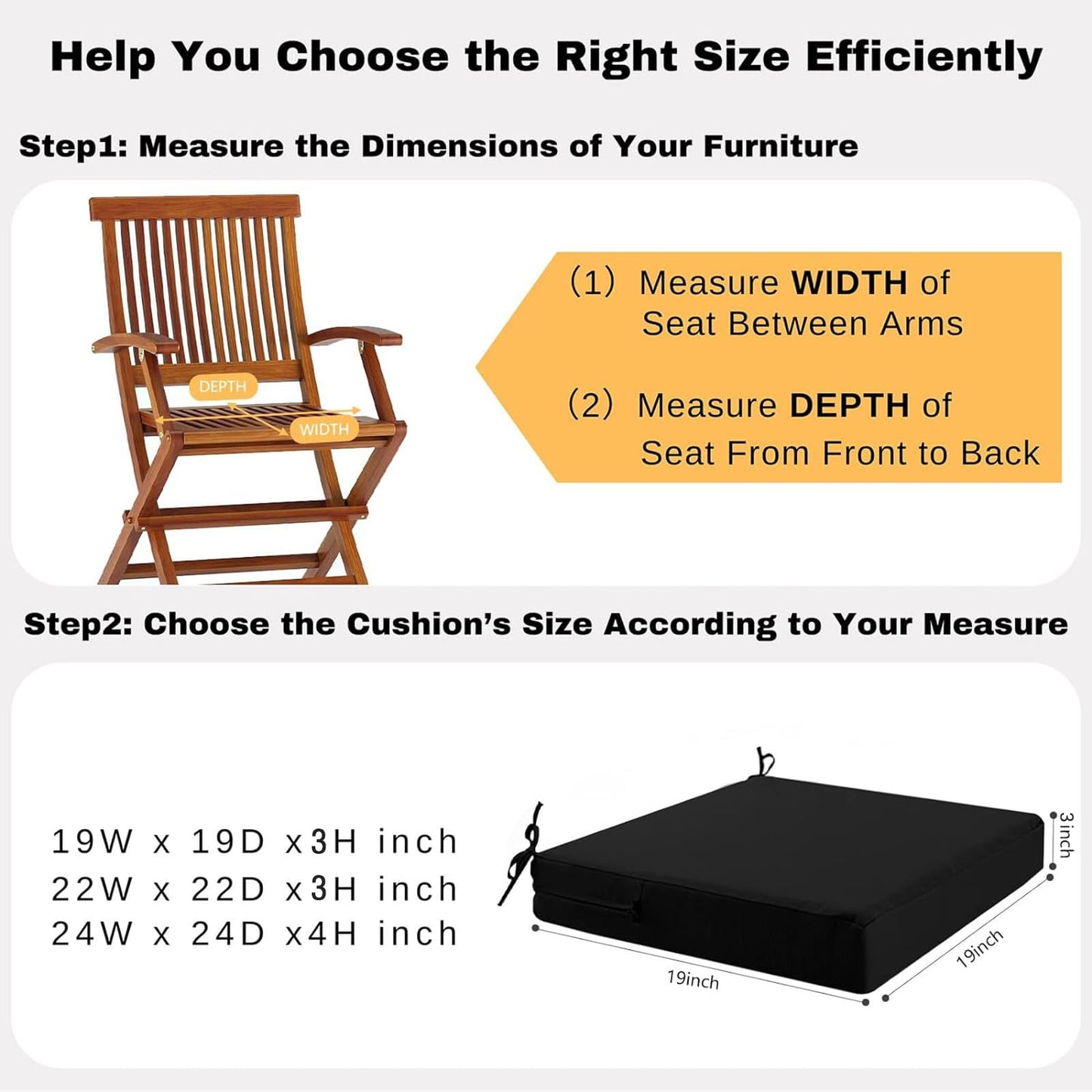 idee-home Outdoor Chair Cushions Set of 2, Waterproof Outdoor Seat Cushions for Patio Furniture, Outside Replacement Chair Pad with Ties for Lawn Deck Porch, 19 x 19 Black