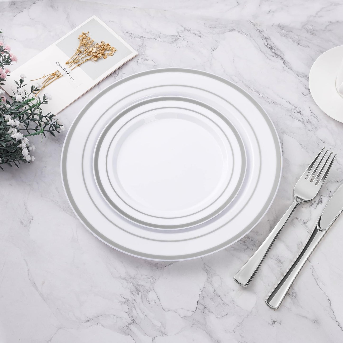 BESTVIP 100PCS Silver Plastic Plates, Disposable Party Plates with 50 Dinner Plate and 50 Dessert Plate for Party, Wedding and Birthday