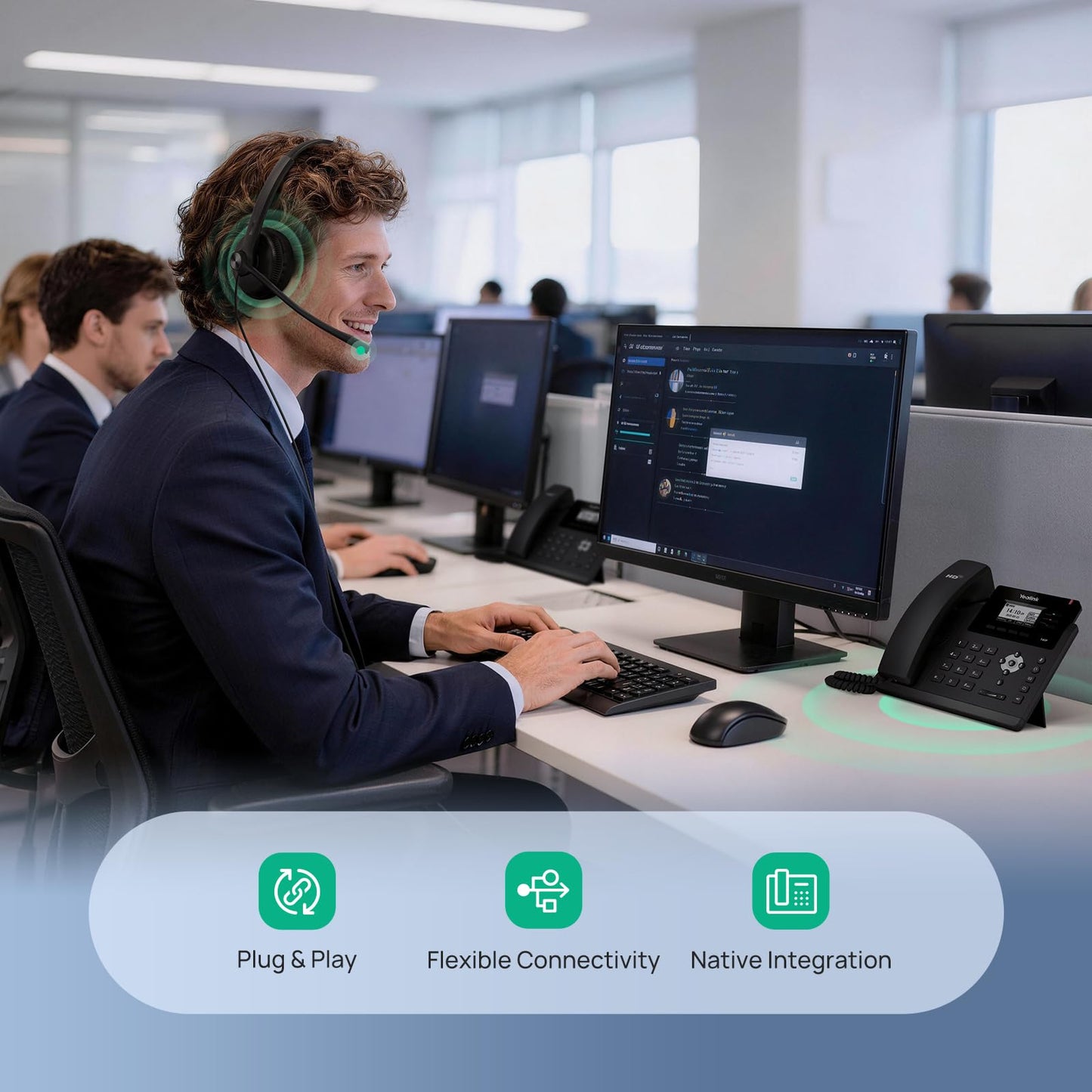 Yealink Phone Headsets for Office Phones YHS34 QD to RJ9 Wired Headset Compatible with Poly Avaya Snom Phones Desk Landline Headset with Microphone -Dual/72g/2.1m Cable