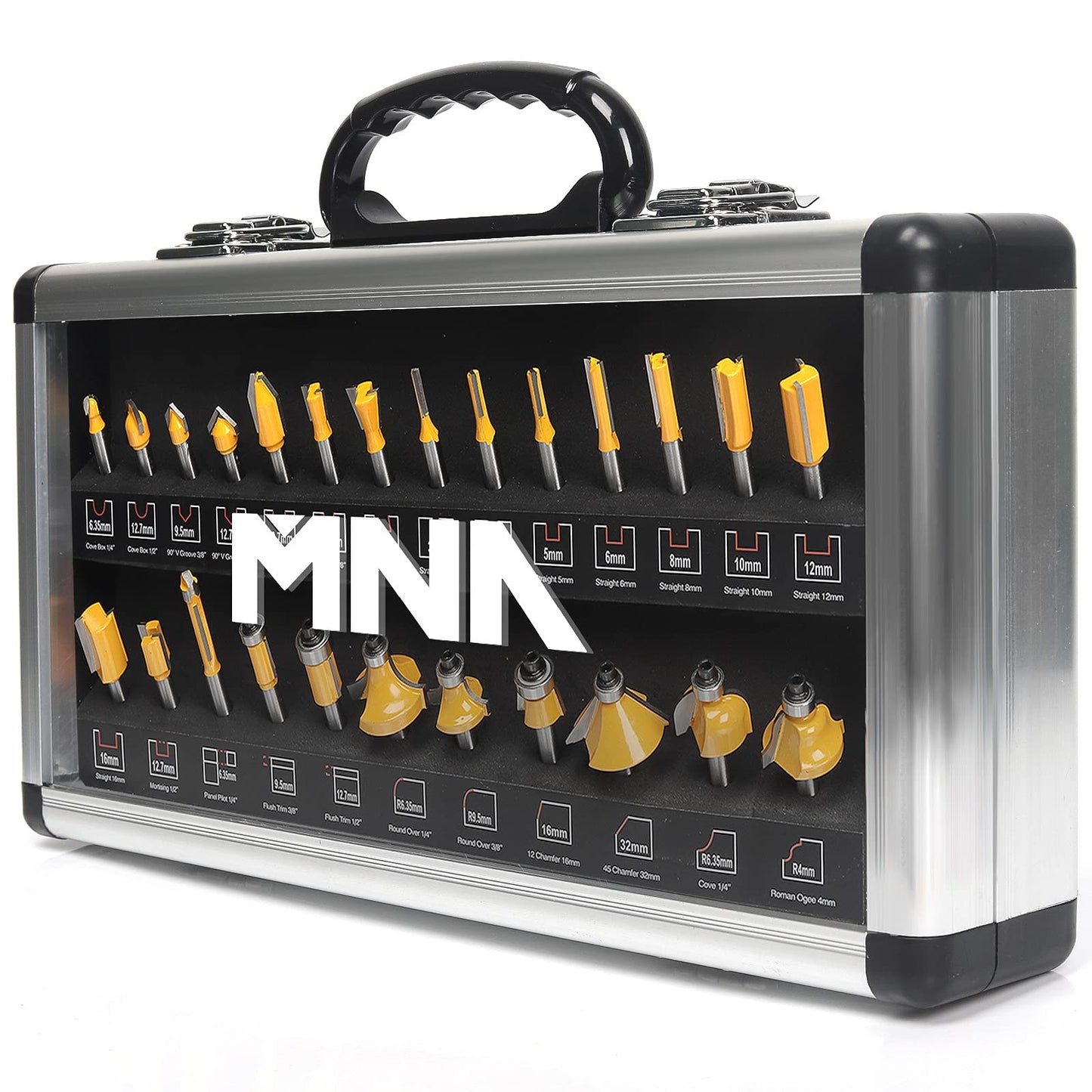 MNA 25 Piece 1/4 Inch Router Bit Set, European Edition Router Bit Kit, Traditional Woodworking Tools, Aluminum Box