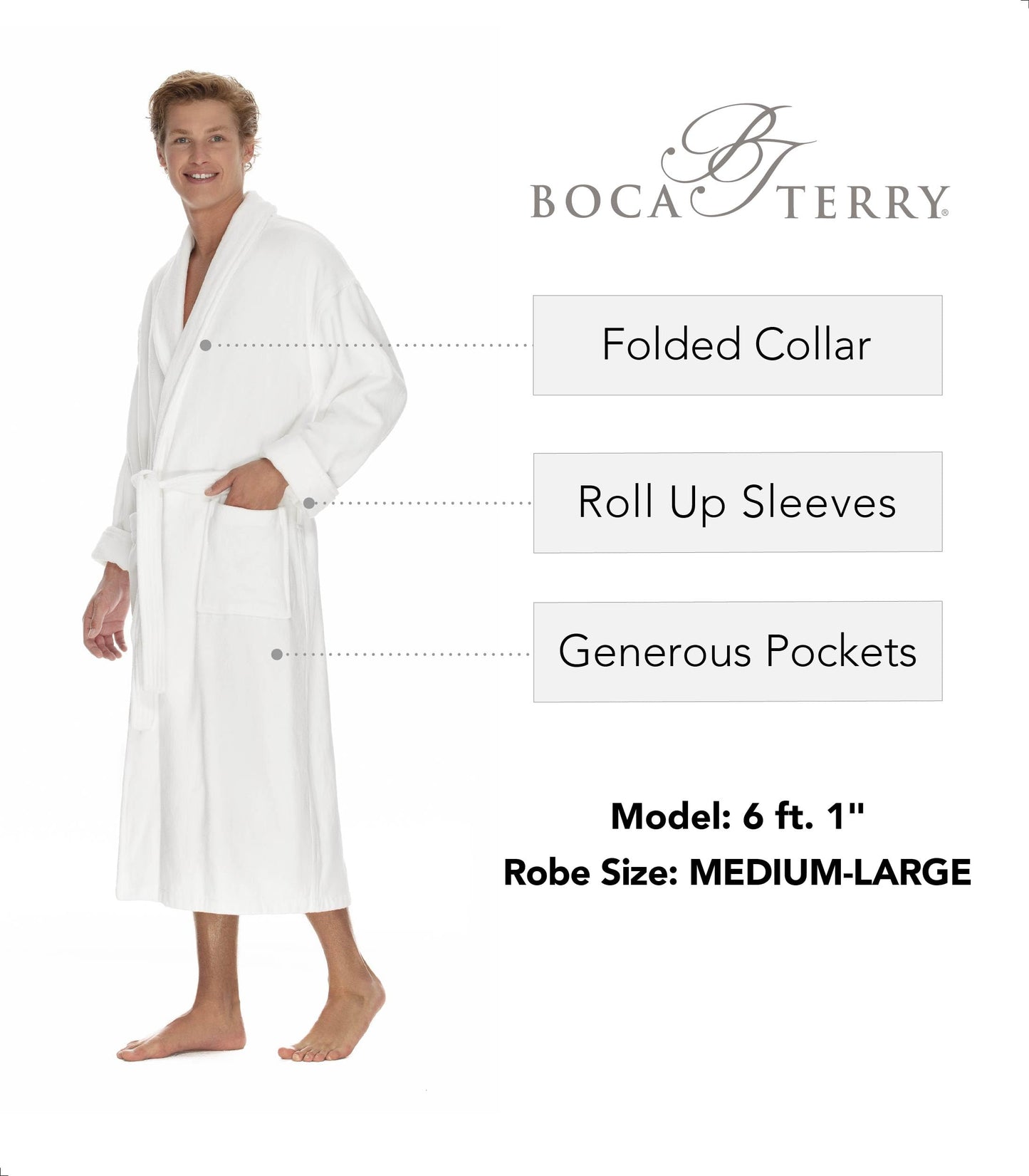 Men's Terry Cloth Robe by BOCA TERRY, Luxury Bathrobe, Plush White Cotton Spa Robes