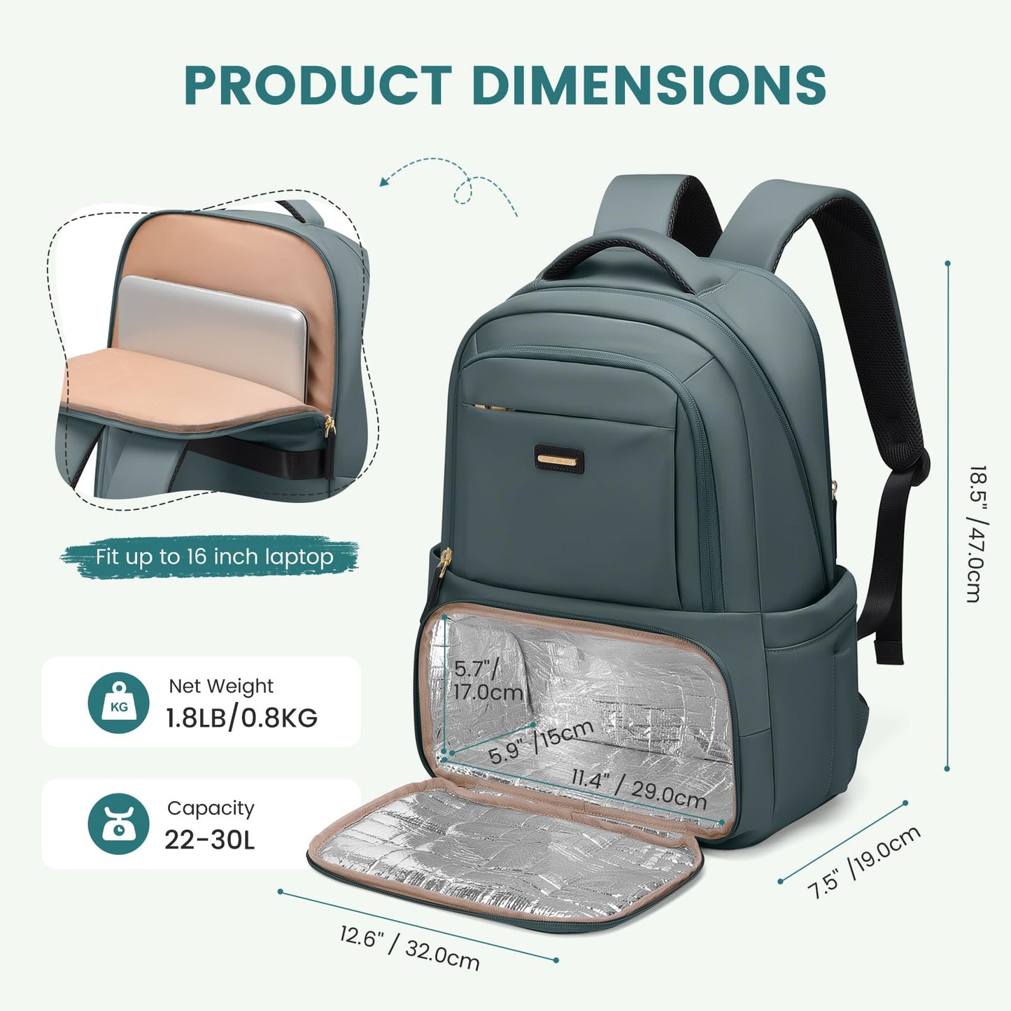 Lunch Backpack 16 Inch Laptop Backpack with Insulated Cooler Lunch Box Food Bag for College Work Camping Picnics (Atrovirens)