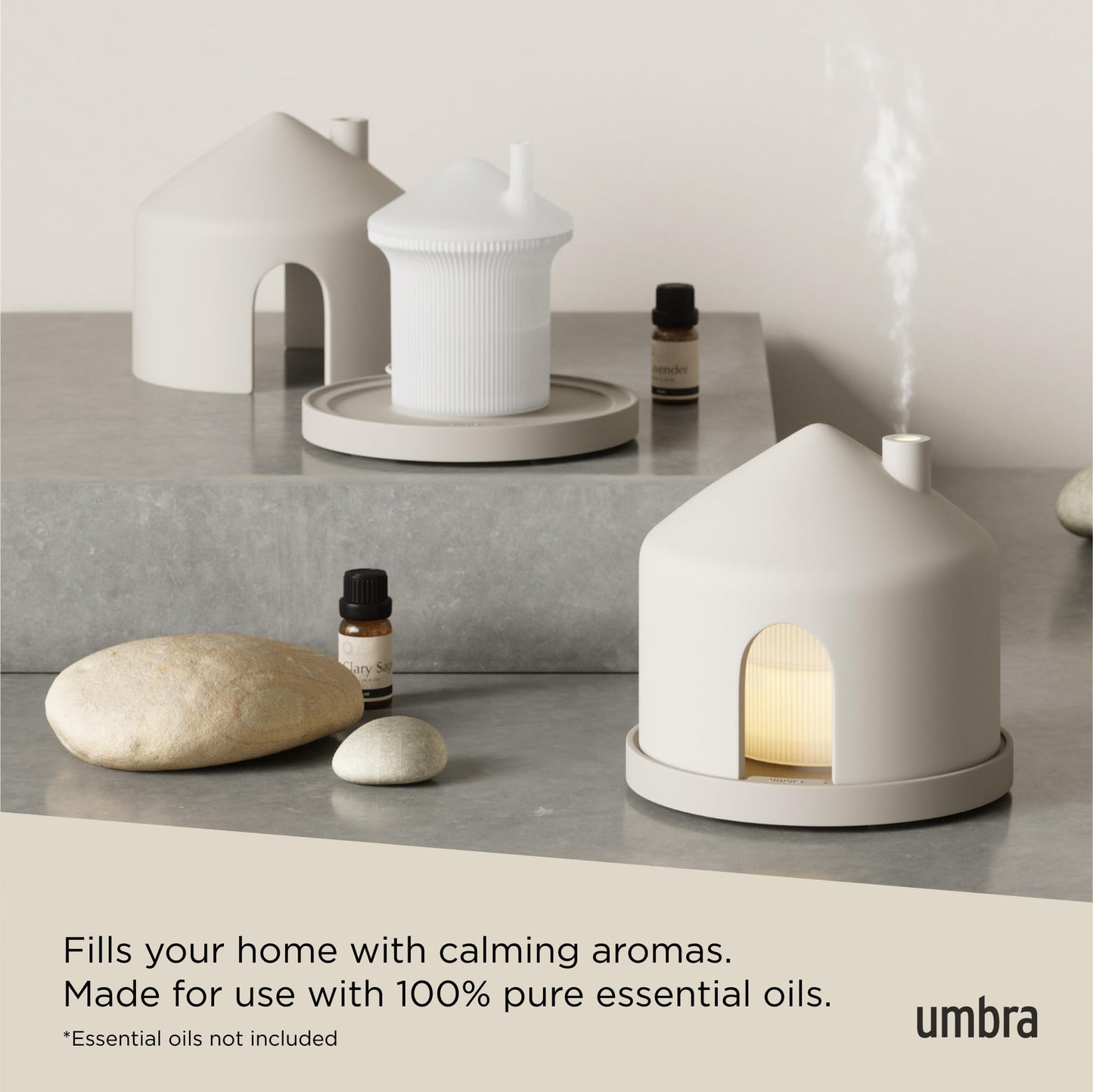 Umbra Casita Diffuser in Sand – Aromatherapy Essential Oil Diffuser with LED Light, Multiple Mist Settings, Automatic Shut-Off, Hidden Storage for Oils, Concrete & Melamine Design for Modern Homes