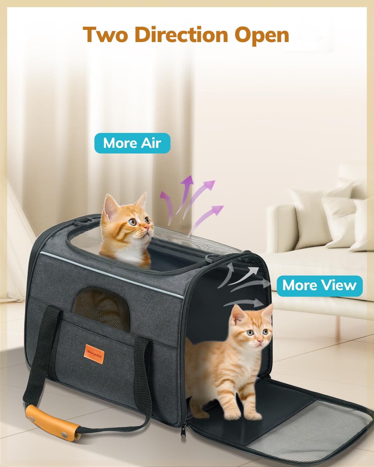 Morpilot Cat Carrier - Soft Sided Cat Carrier Large for Big Medium Cats and Puppy up to 18lbs, Pet Carrier with Safety Zippers, Foldable Bowl, Airline Approved Large Dog Carrier - Dark Gray