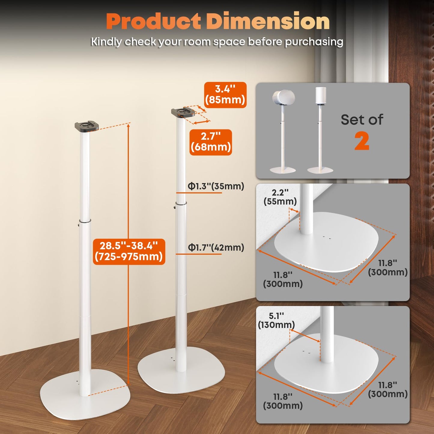 Speaker Stands for Sonos Era-100 & Era-300 - Height Adjustable Floor Stands 29.1''–39'', Dual-Mount Base for Space-Saving Placement, Concealed Cable Management, 11 lbs Max Load, 1 Pair, White