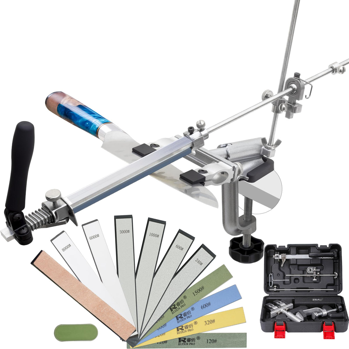 CWOVRS Knife Sharpening System, RX-009 Professional Knife Sharpener, 360° Flip Rotation, Metal Fixed-Angle & Adjustable Knife-Clip, Knife Sharpening Kit for Chef's Knives etc, 10 Stones Kit