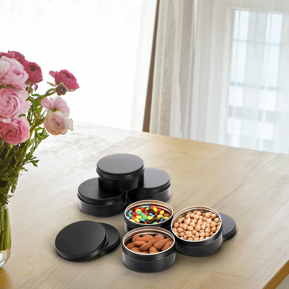 Foraineam 48 Pack 4 oz Metal Round Tins with Screw Lid, Black Aluminium Empty Candle Tins Storage Tin Jars, Cosmetic Sample Containers Travel Tin Cans for Salve, Cream, Spices or Candles